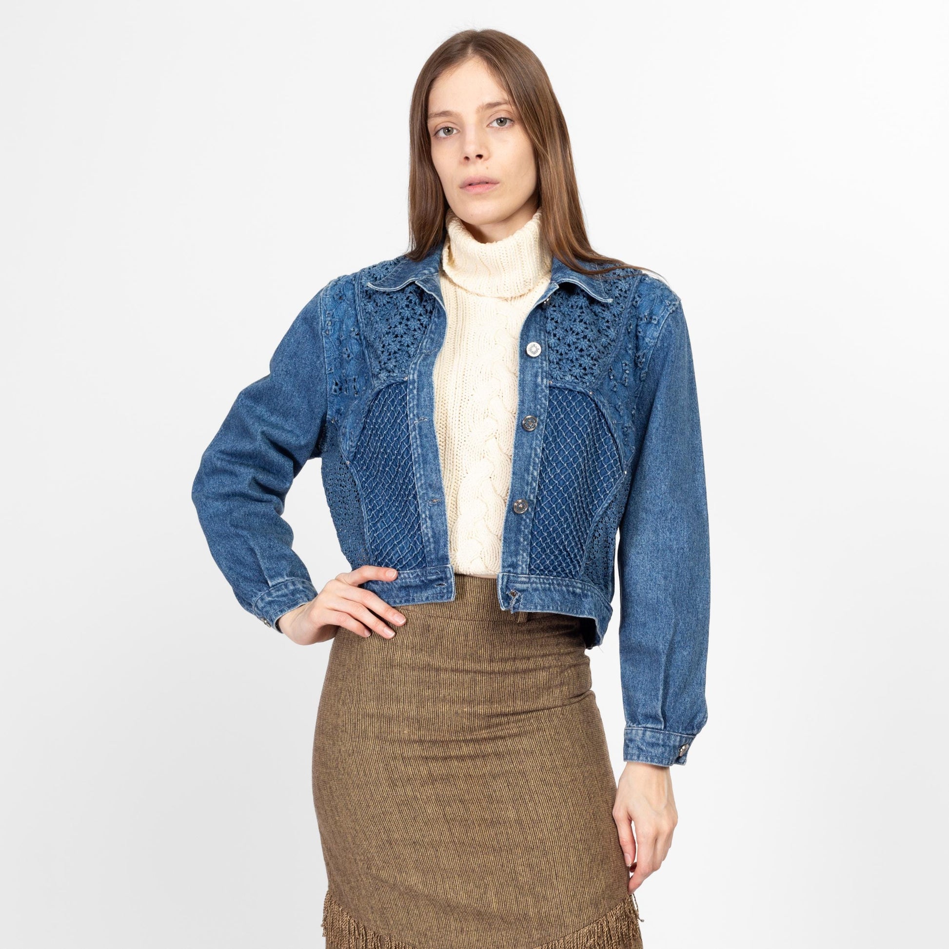 Small 80s Crochet Floral Cropped Jean Jacket | Vintage Bianca Maria Caselli Denim Jacket