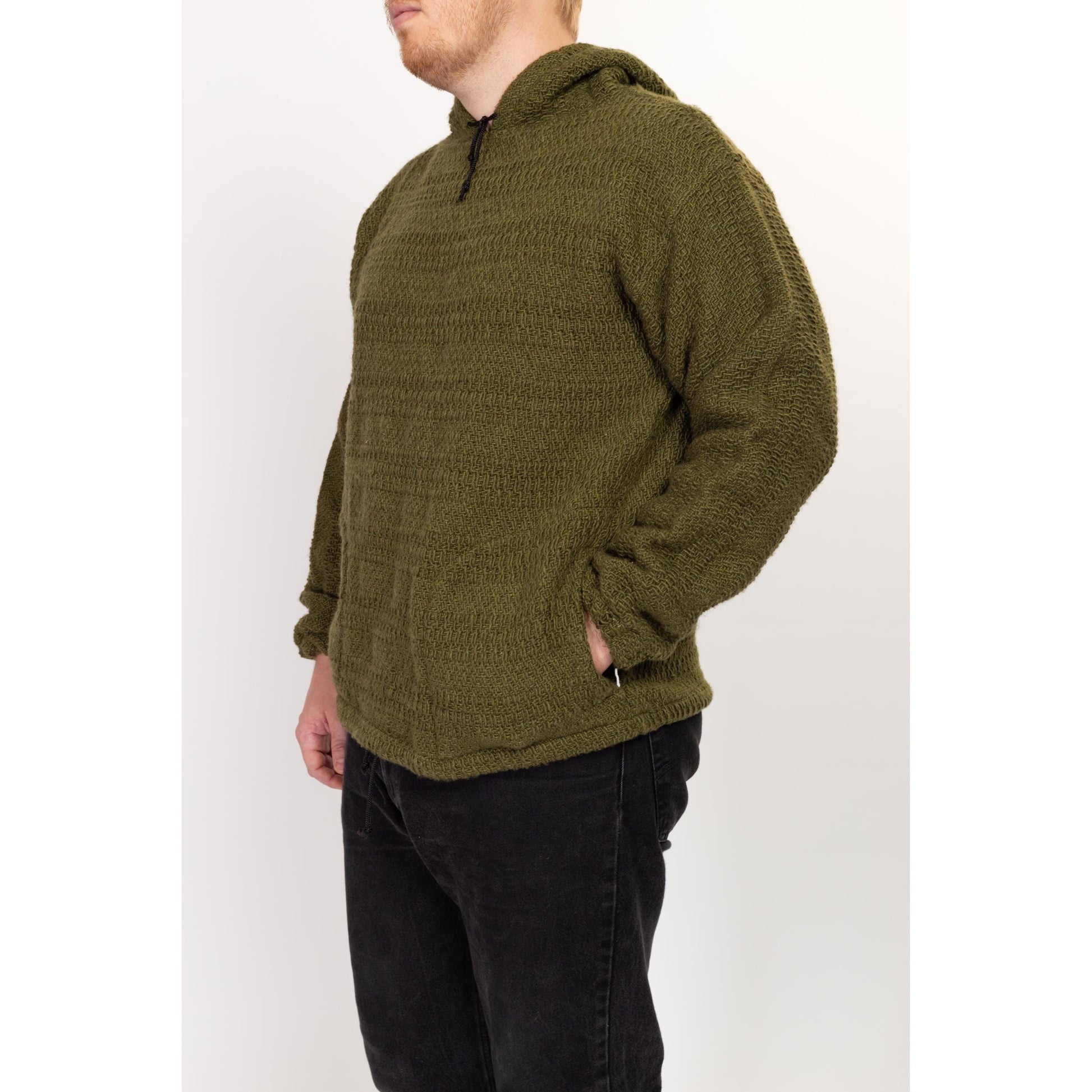 XL 90s Earth Ragz Olive Green Knit Baja Hoodie | Vintage Hooded Drug Rug Sweater