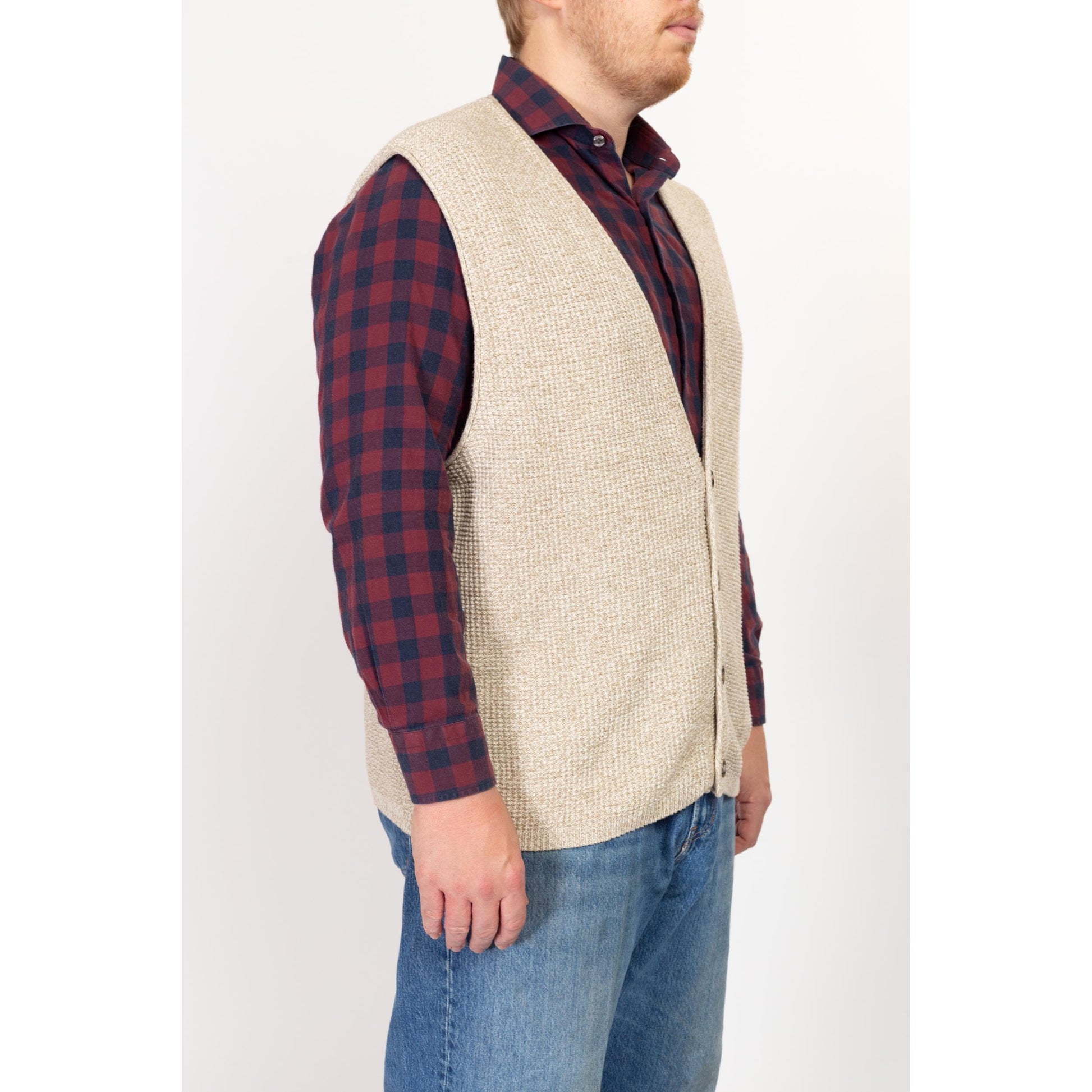 XL 90s Eddie Bauer Oatmeal Cotton Waffle Knit Sweater Vest | Vintage Sleeveless Button Up V Neck Top