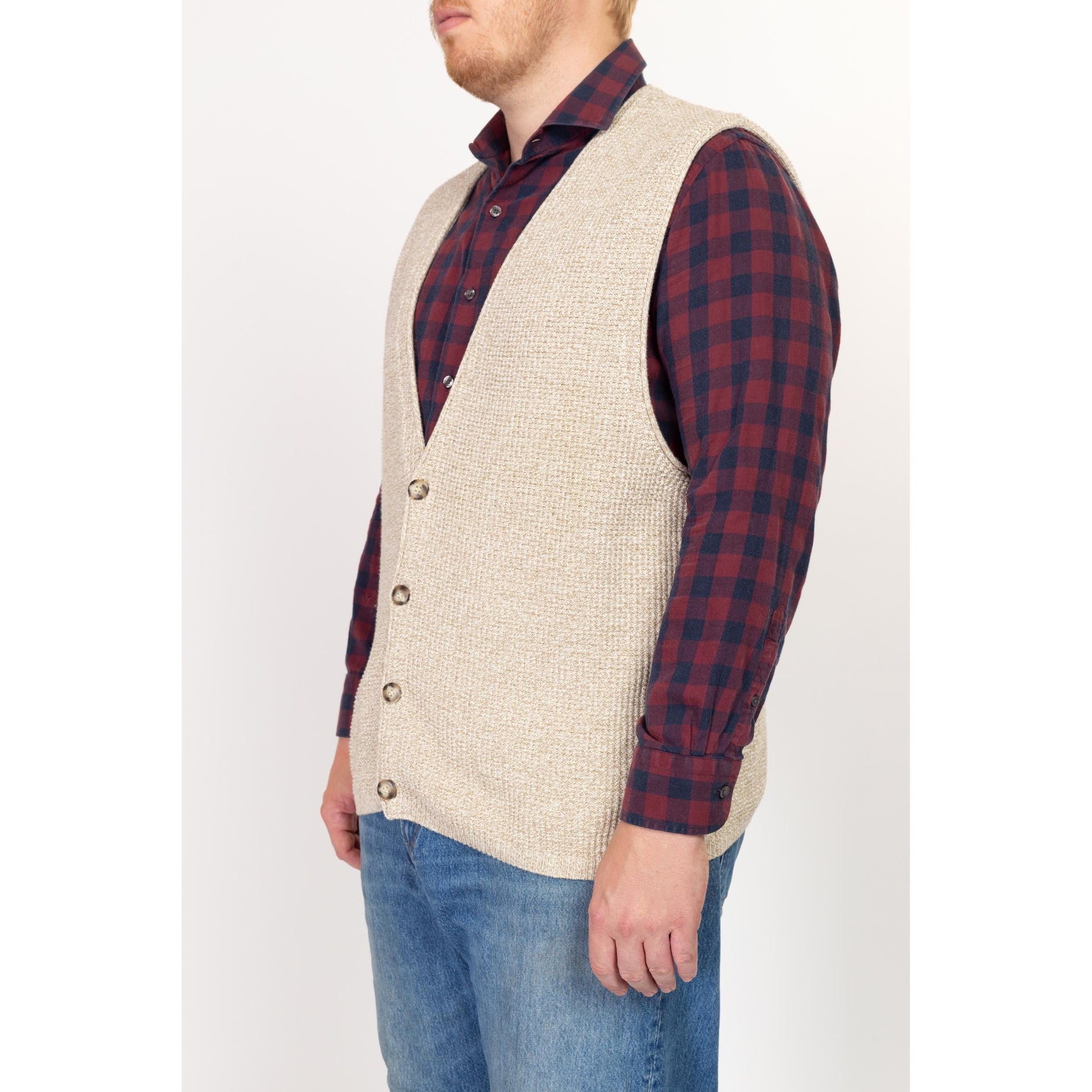 XL 90s Eddie Bauer Oatmeal Cotton Waffle Knit Sweater Vest | Vintage Sleeveless Button Up V Neck Top
