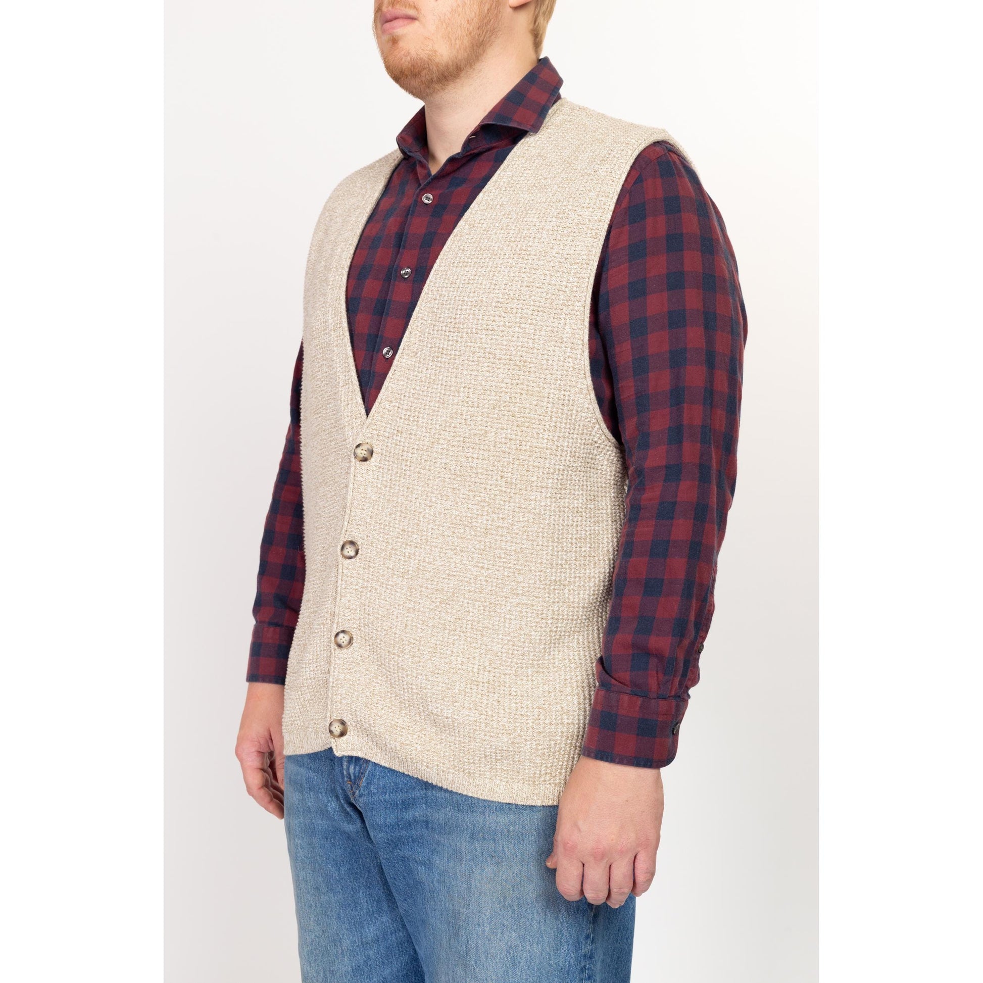 XL 90s Eddie Bauer Oatmeal Cotton Waffle Knit Sweater Vest | Vintage Sleeveless Button Up V Neck Top