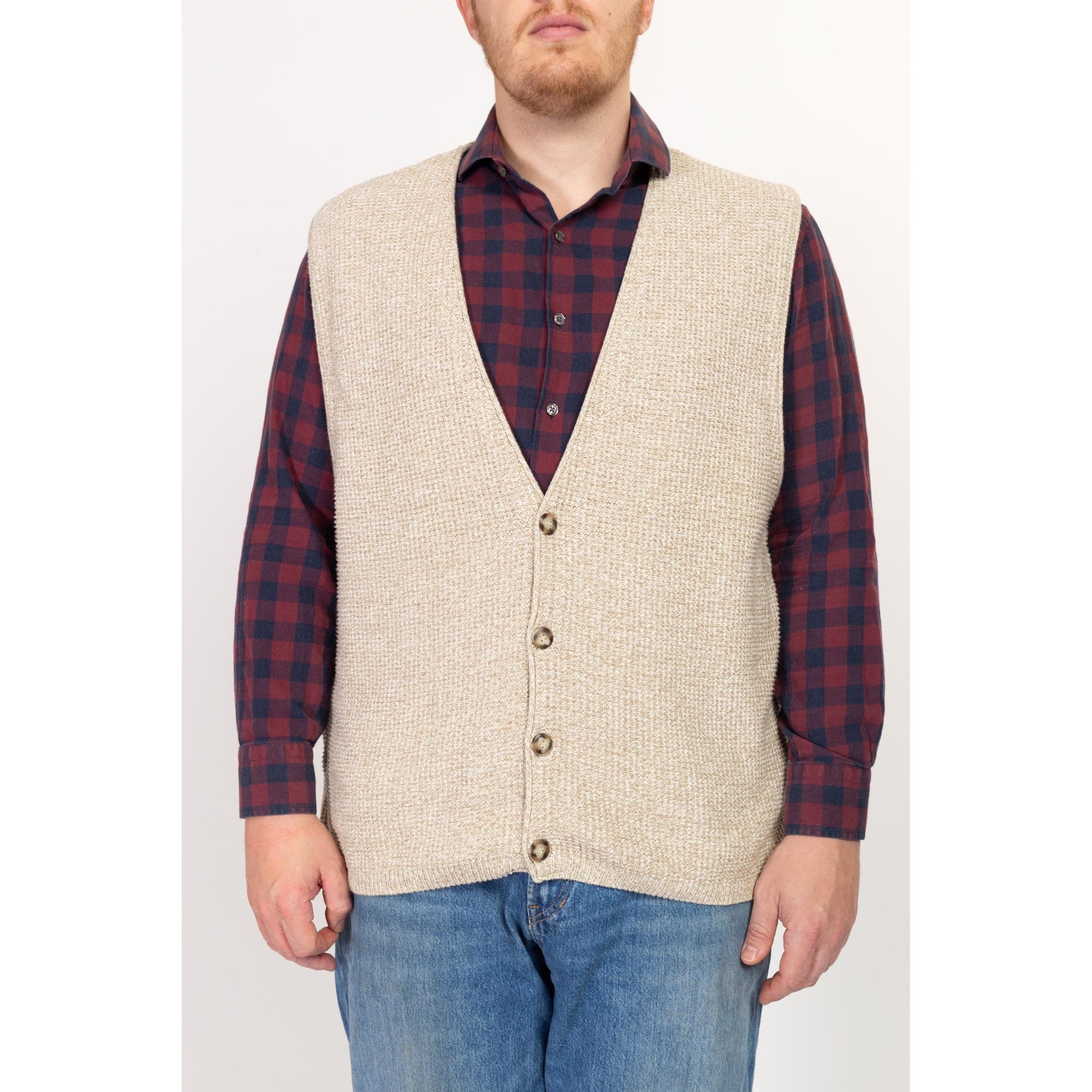 XL 90s Eddie Bauer Oatmeal Cotton Waffle Knit Sweater Vest | Vintage Sleeveless Button Up V Neck Top