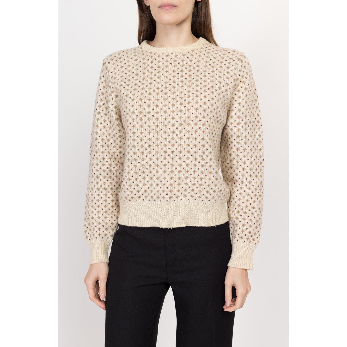 Medium 90s Shetland Wool Cream Knit Sweater | Vintage Polka Dot Pullover Jumper
