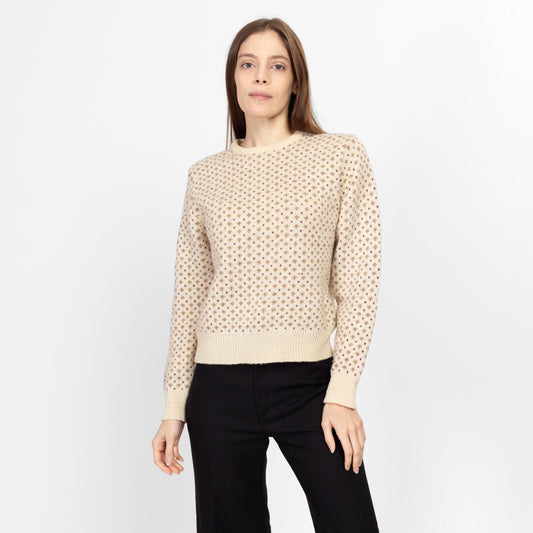 Medium 90s Shetland Wool Cream Knit Sweater | Vintage Polka Dot Pullover Jumper