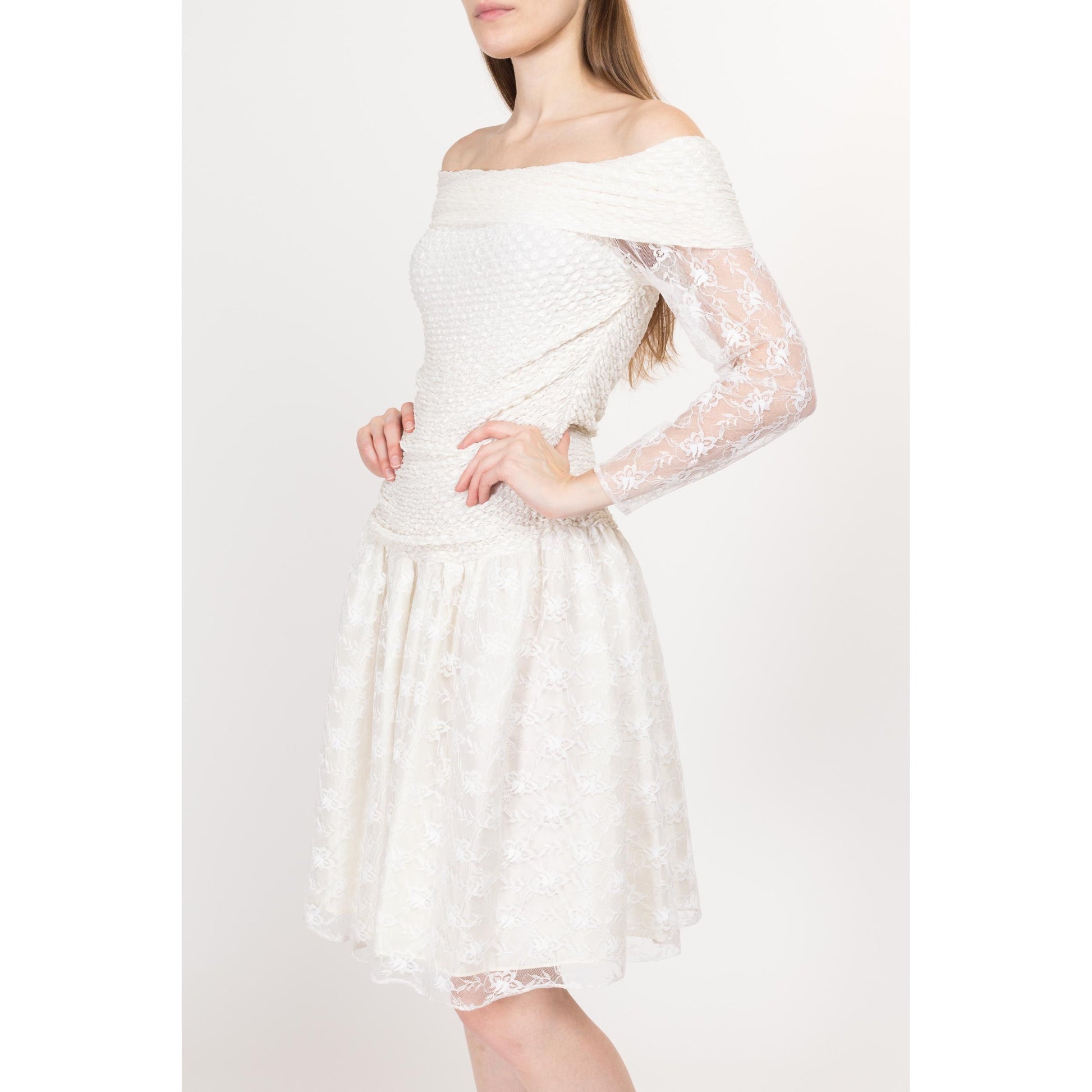 Sm-Med 80s White Off Shoulder Fit & Flare Party Dress | Vintage Lace Long Sleeve Drop Waist Mini Prom Dress