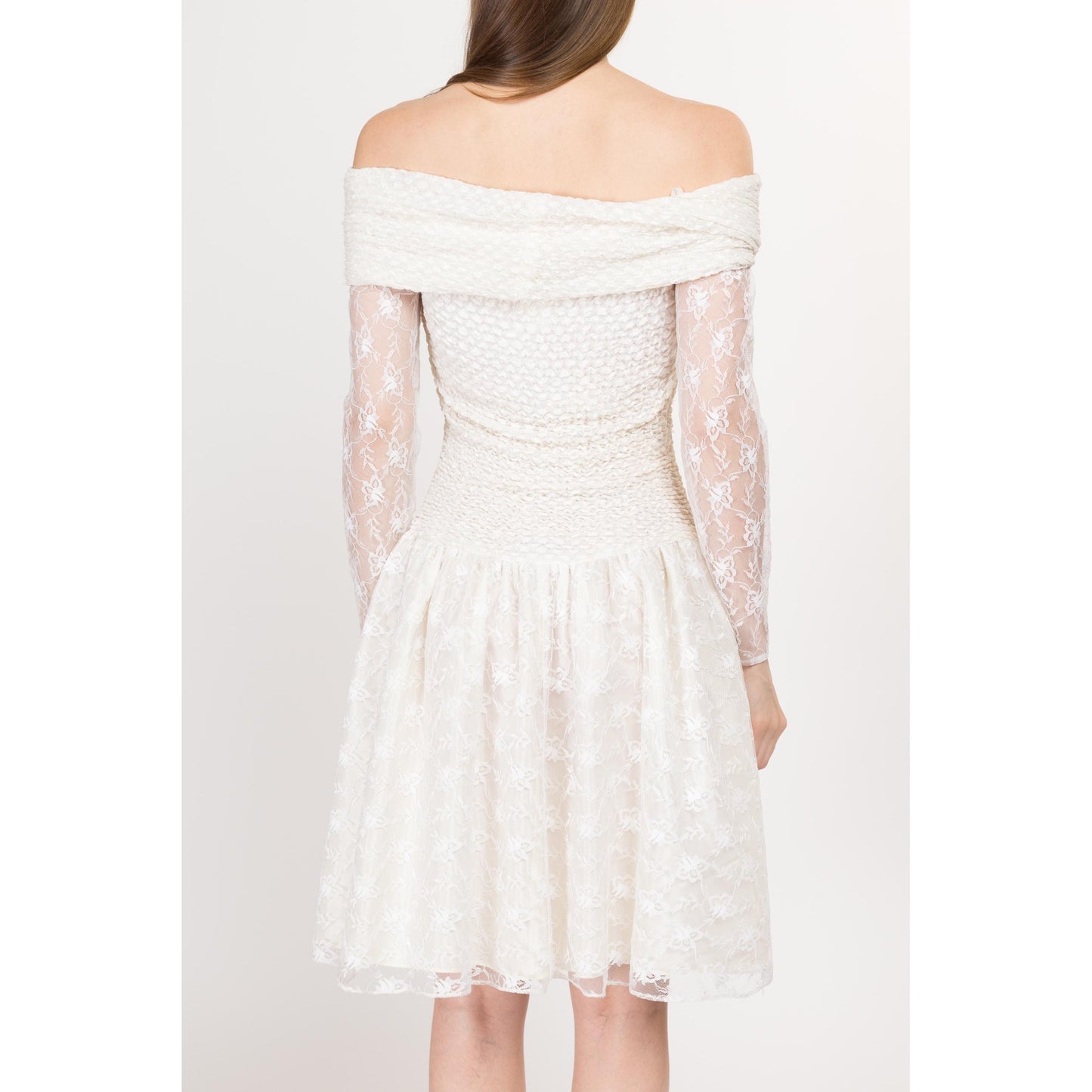 Sm-Med 80s White Off Shoulder Fit & Flare Party Dress | Vintage Lace Long Sleeve Drop Waist Mini Prom Dress