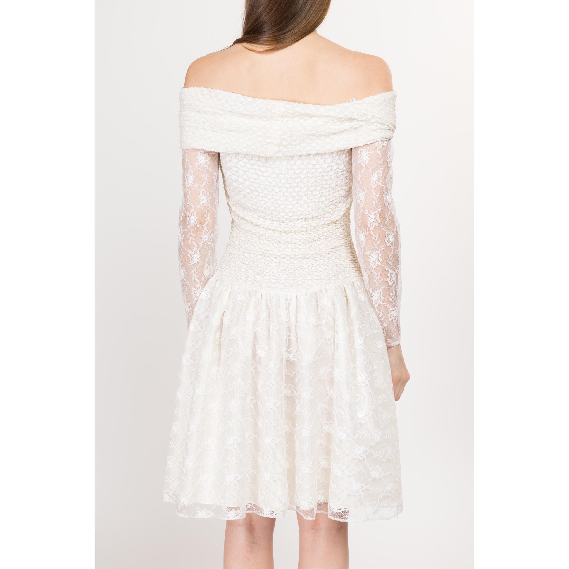 Sm-Med 80s White Off Shoulder Fit & Flare Party Dress | Vintage Lace Long Sleeve Drop Waist Mini Prom Dress