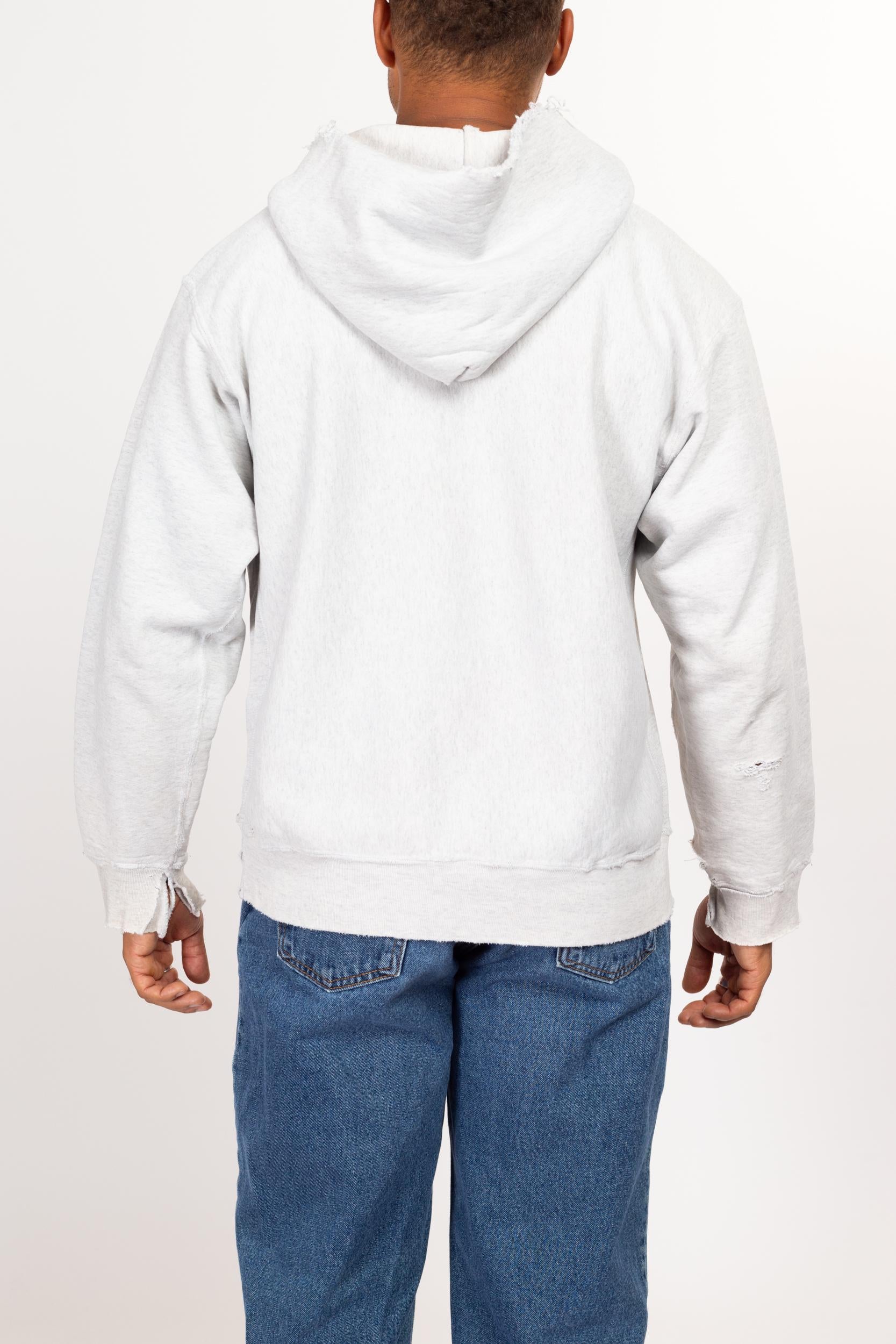 Large 90s University Of Michigan Distressed NCAA Basketball Hoodie | Vintage Heather Grey Collegiate Pullover Hooded Sweatshirt