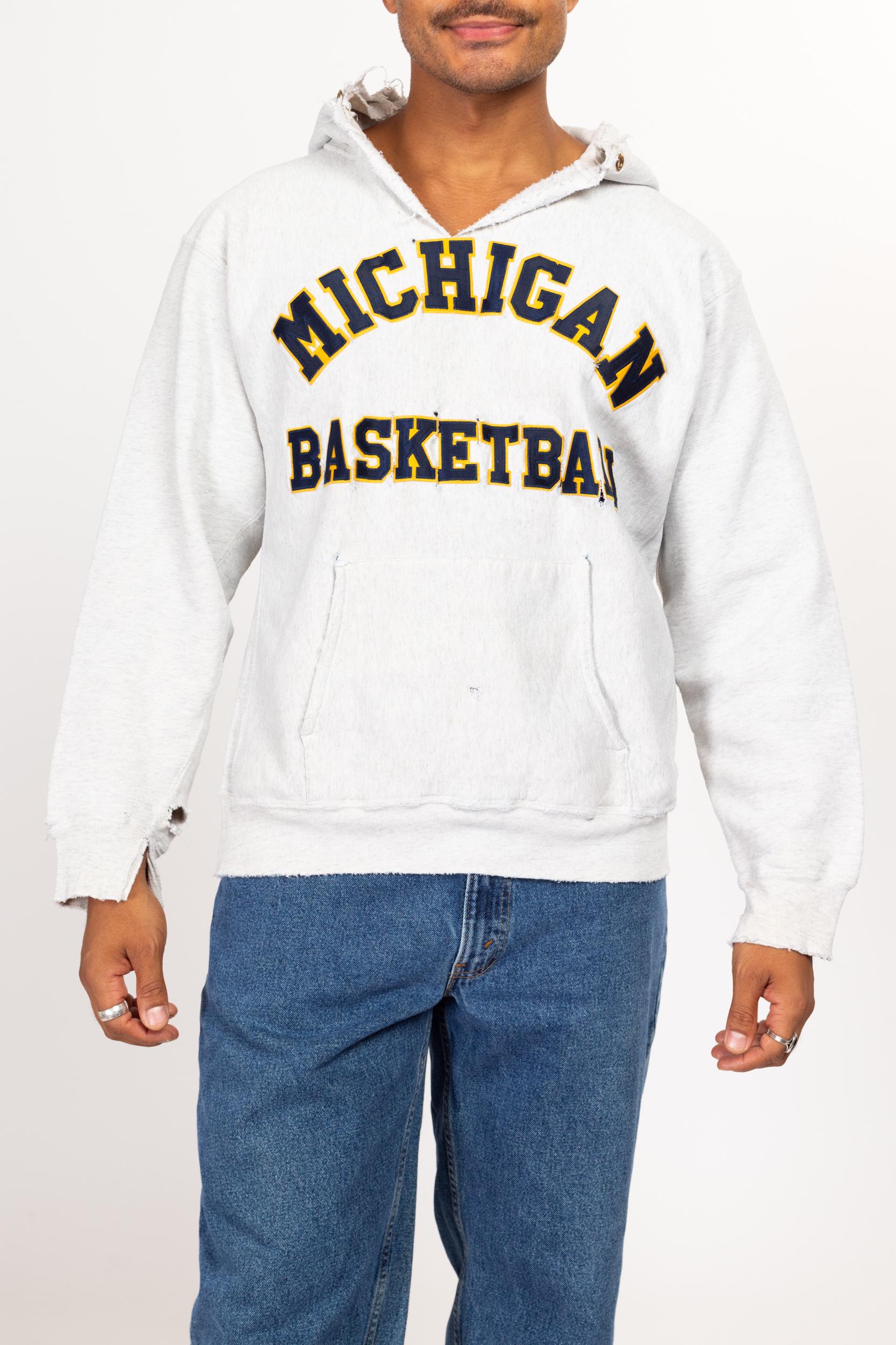 Large 90s University Of Michigan Distressed NCAA Basketball Hoodie | Vintage Heather Grey Collegiate Pullover Hooded Sweatshirt