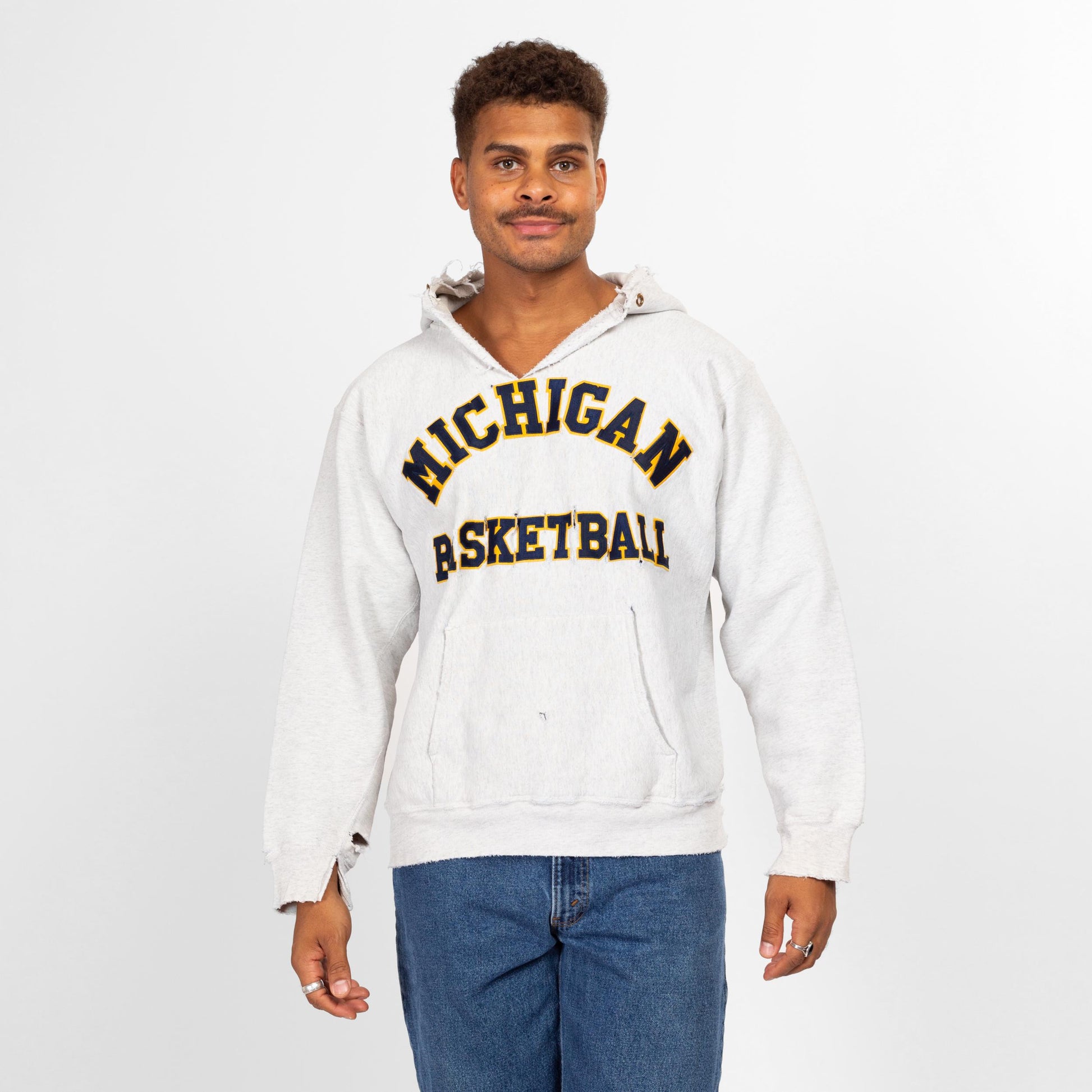 Large 90s University Of Michigan Distressed NCAA Basketball Hoodie | Vintage Heather Grey Collegiate Pullover Hooded Sweatshirt