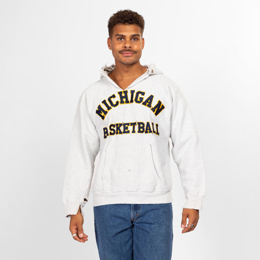 Large 90s University Of Michigan Distressed NCAA Basketball Hoodie | Vintage Heather Grey Collegiate Pullover Hooded Sweatshirt