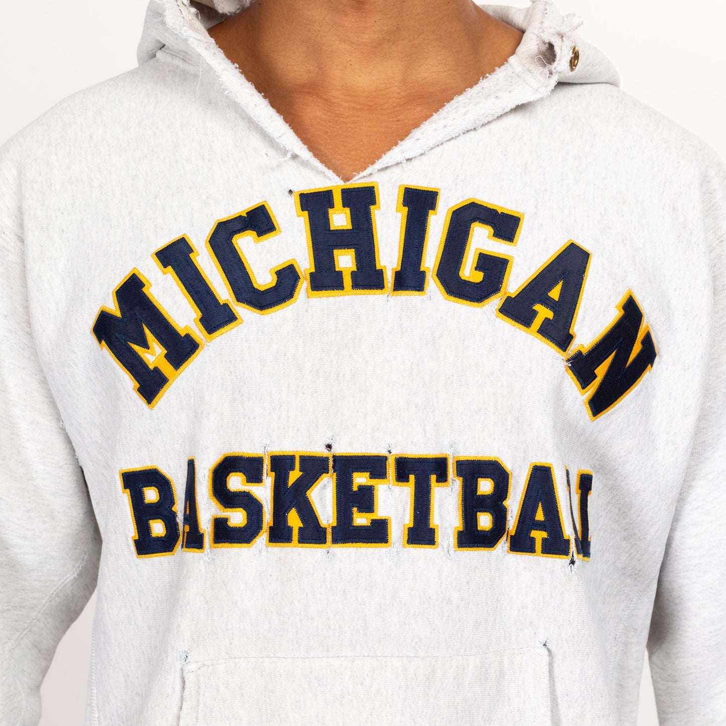 Large 90s University Of Michigan Distressed NCAA Basketball Hoodie | Vintage Heather Grey Collegiate Pullover Hooded Sweatshirt