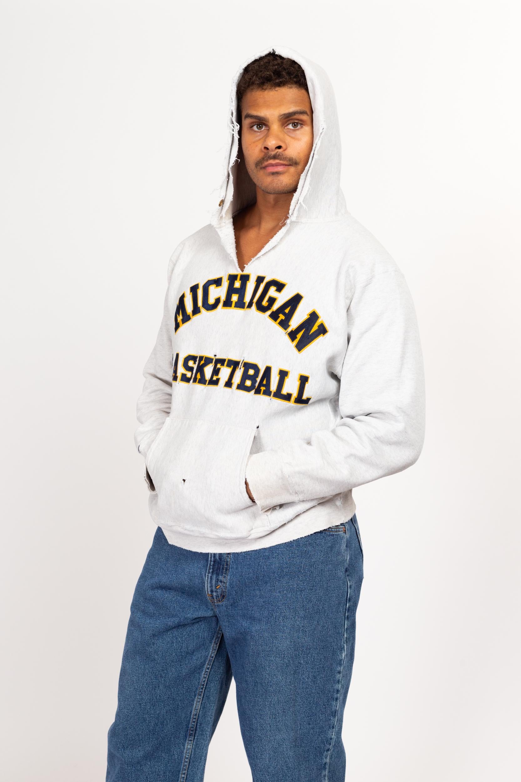 Large 90s University Of Michigan Distressed NCAA Basketball Hoodie | Vintage Heather Grey Collegiate Pullover Hooded Sweatshirt