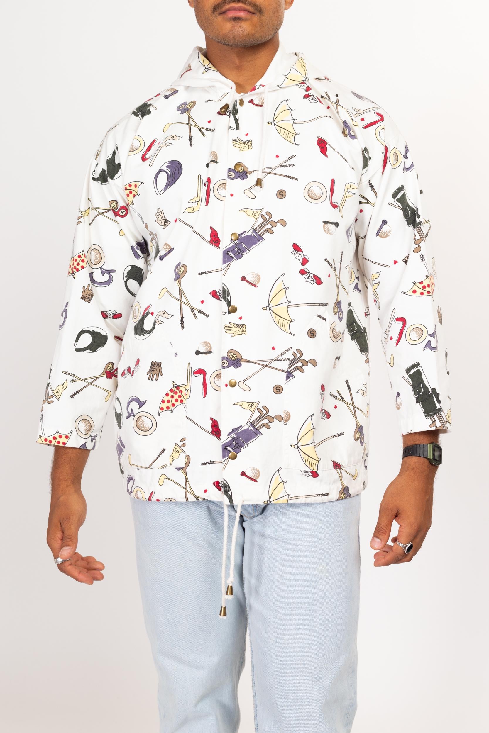 Medium 90s Golf Motif All Over Print Hoodie | Vintage Cotton Novelty Lightweight Hooded Jacket