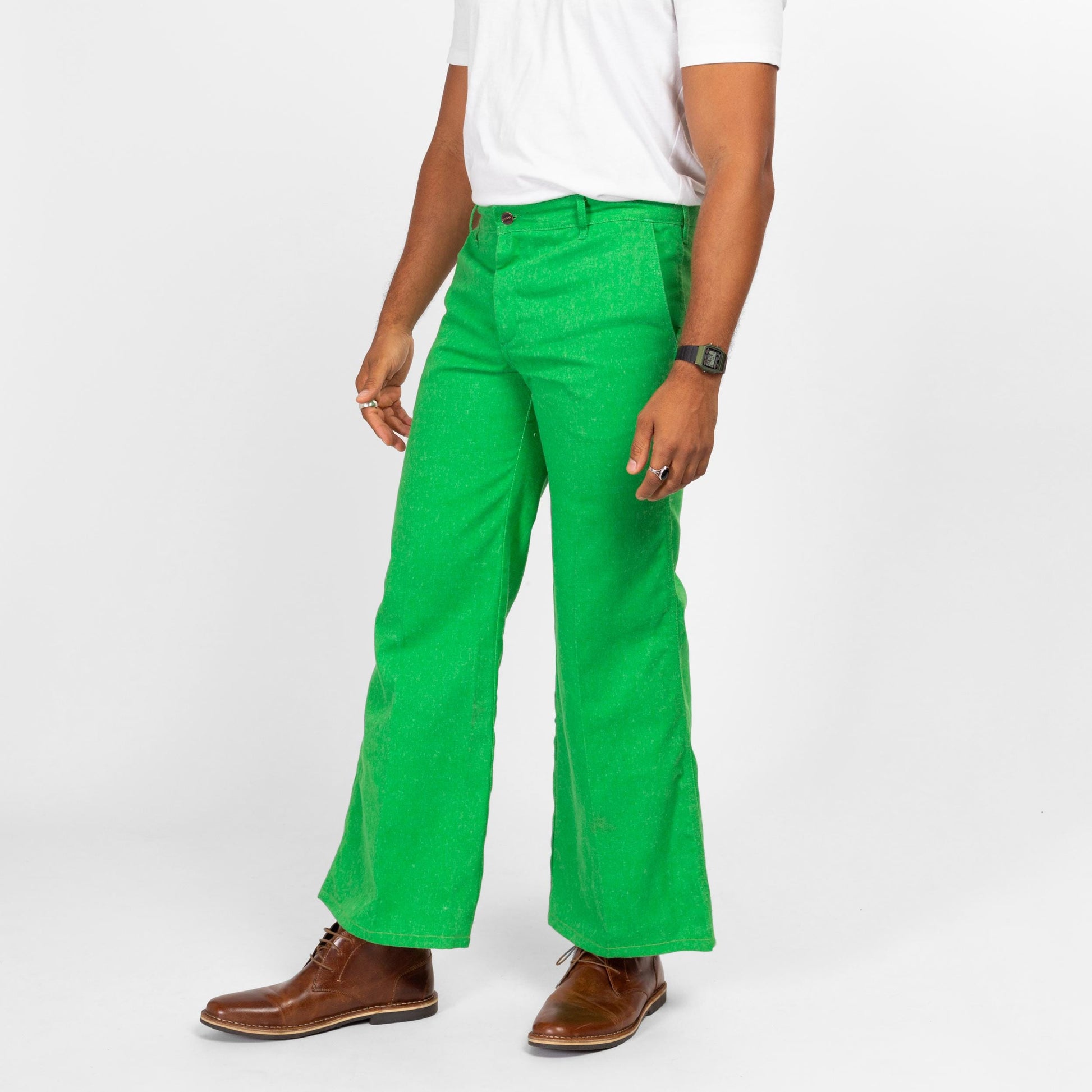 34x30 70s Bright Green Flared Trousers Medium Short | Retro Vintage Bell Bottom Hippie Pants