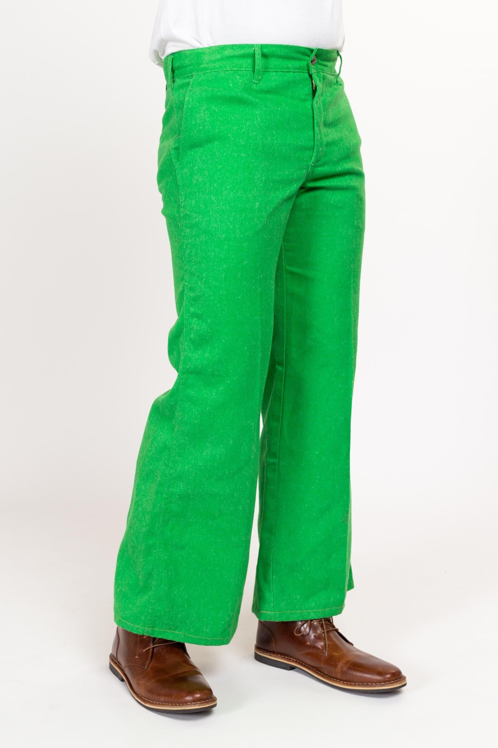 34x30 70s Bright Green Flared Trousers Medium Short | Retro Vintage Bell Bottom Hippie Pants