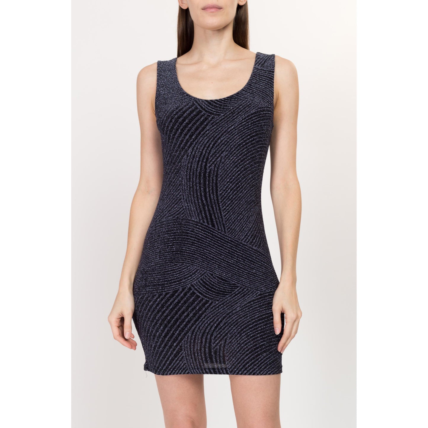 Small 90s Slinky Midnight Blue Sparkle Mini Tank Dress | Vintage Sleeveless Bodycon Party Dress