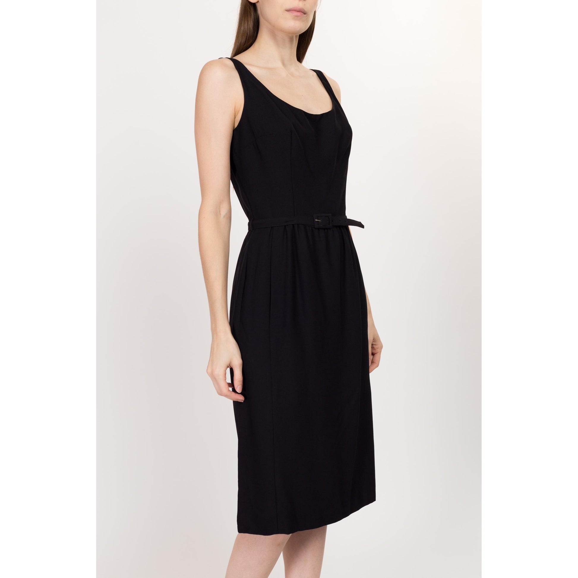 Sm-Med 50s 60s Suzy Perette Black Belted Sleeveless Midi Dress | Vintage Low Scoop Neck Pocket Cocktail Dress