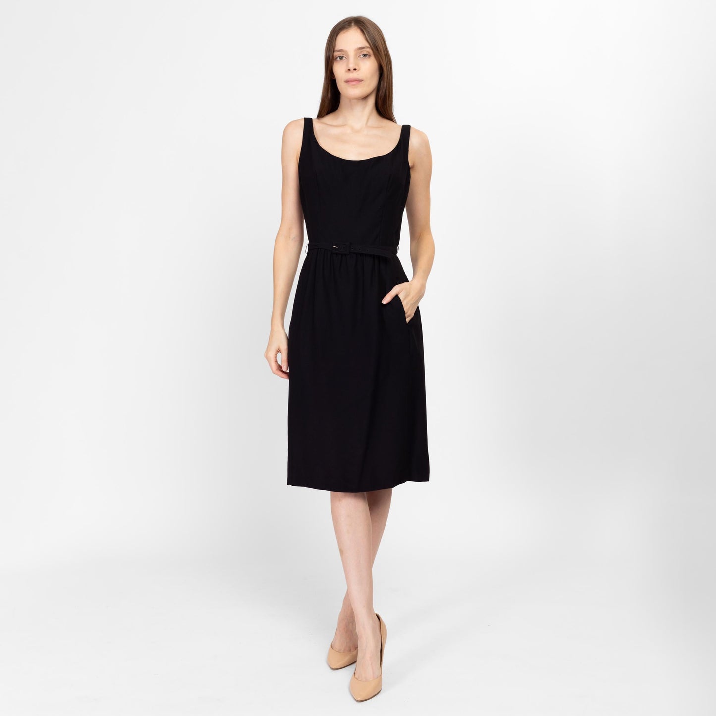 Sm-Med 50s 60s Suzy Perette Black Belted Sleeveless Midi Dress | Vintage Low Scoop Neck Pocket Cocktail Dress