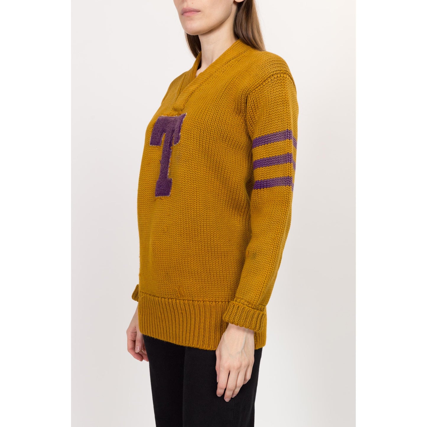 XS-Sm 1930s Mustard Yellow Varsity Letterman Sweater Unisex | Rare Vintage 20s 30s Collegiate Wool Striped Football Pullover