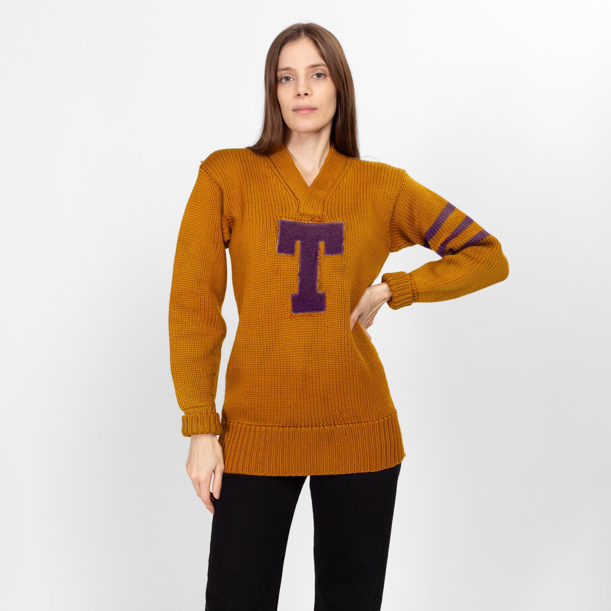 XS-Sm 1930s Mustard Yellow Varsity Letterman Sweater Unisex | Rare Vintage 20s 30s Collegiate Wool Striped Football Pullover