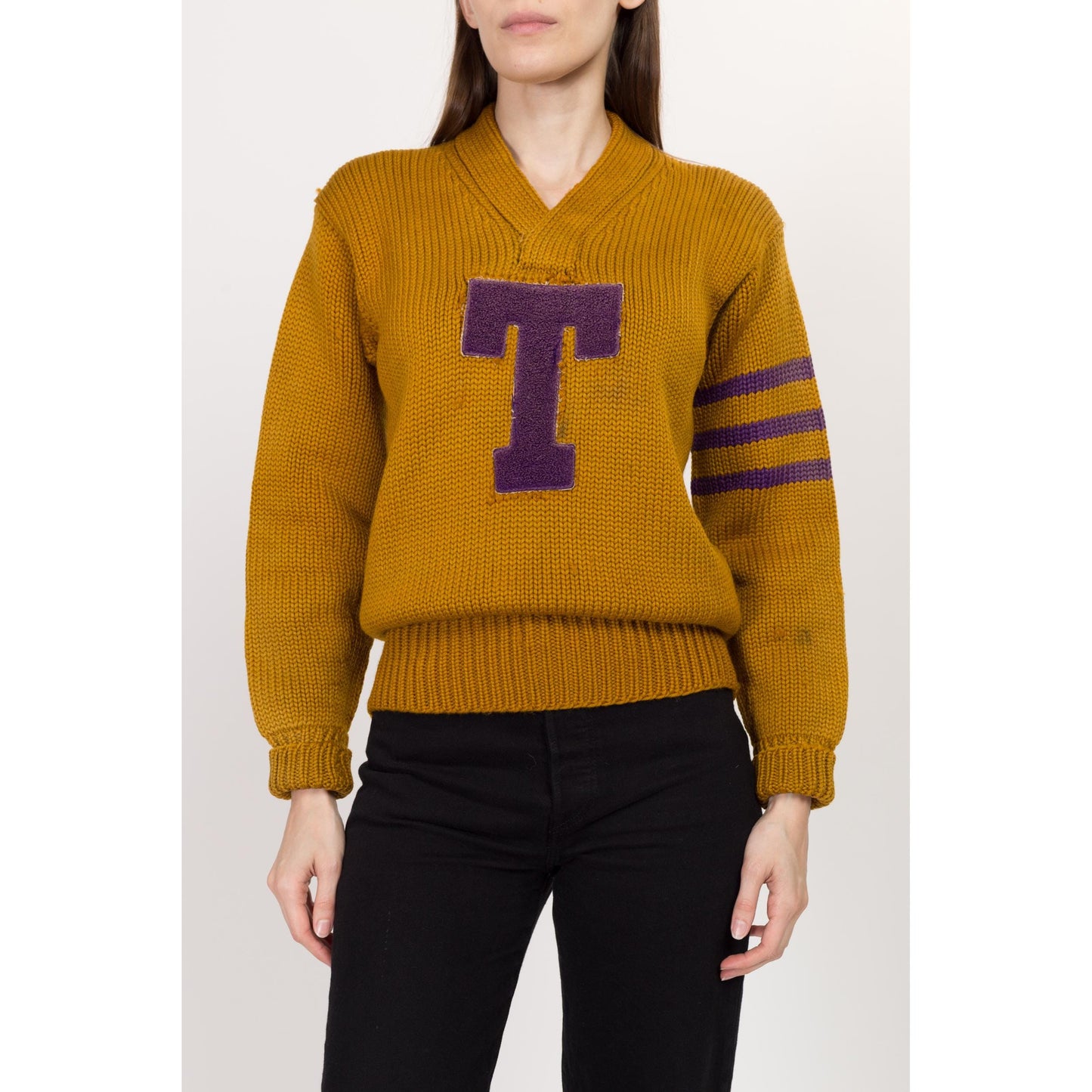 XS-Sm 1930s Mustard Yellow Varsity Letterman Sweater Unisex | Rare Vintage 20s 30s Collegiate Wool Striped Football Pullover