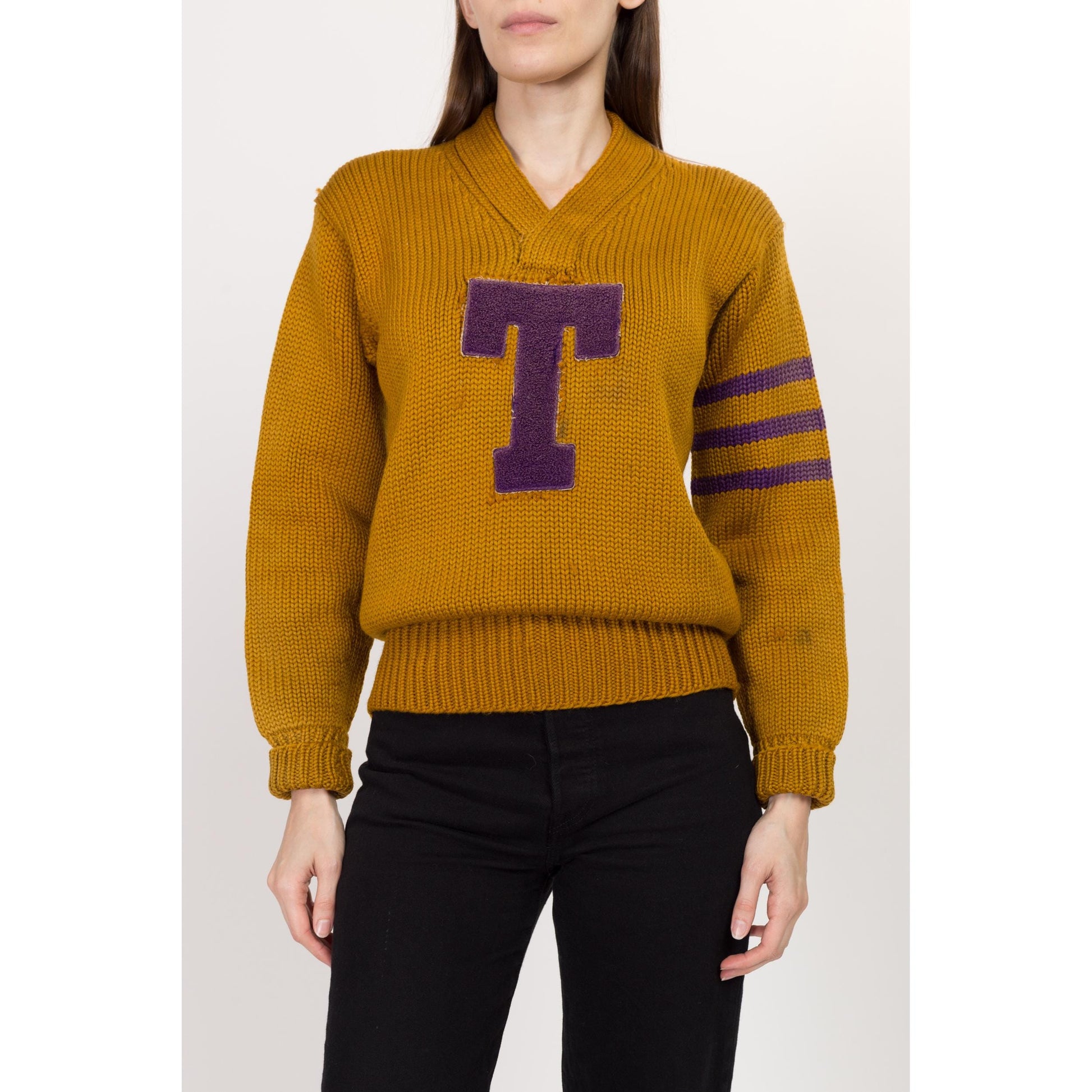 XS-Sm 1930s Mustard Yellow Varsity Letterman Sweater Unisex | Rare Vintage 20s 30s Collegiate Wool Striped Football Pullover