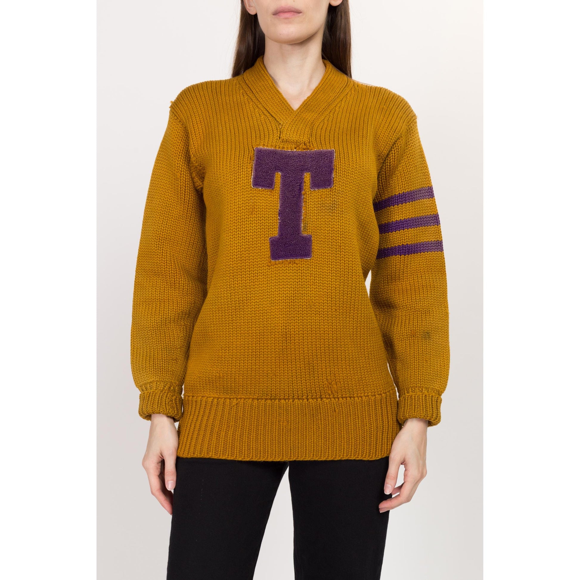 XS-Sm 1930s Mustard Yellow Varsity Letterman Sweater Unisex | Rare Vintage 20s 30s Collegiate Wool Striped Football Pullover