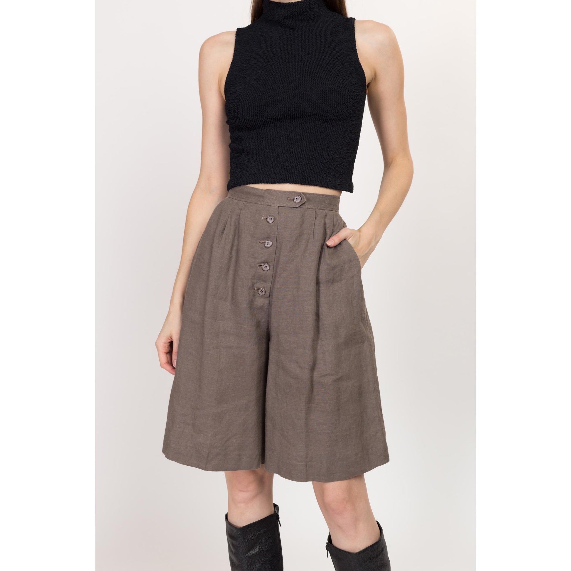 XS 80s Taupe Linen Pleated Shorts 24" | Vintage High Waist Wide Leg Casual Shorts