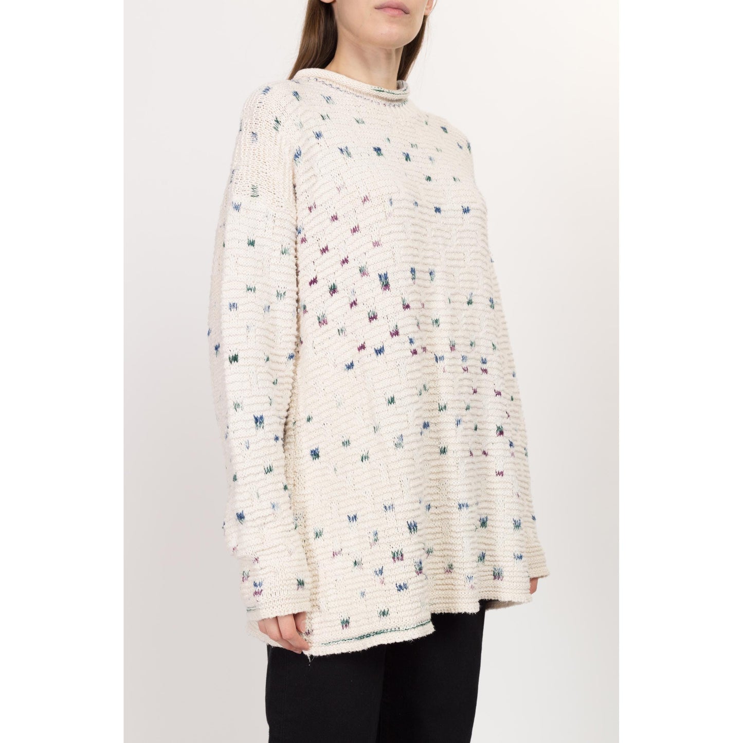 1X 90s Cotton Flecked Knit Long Roll Neck Sweater | Vintage White Oversize Pullover Jumper