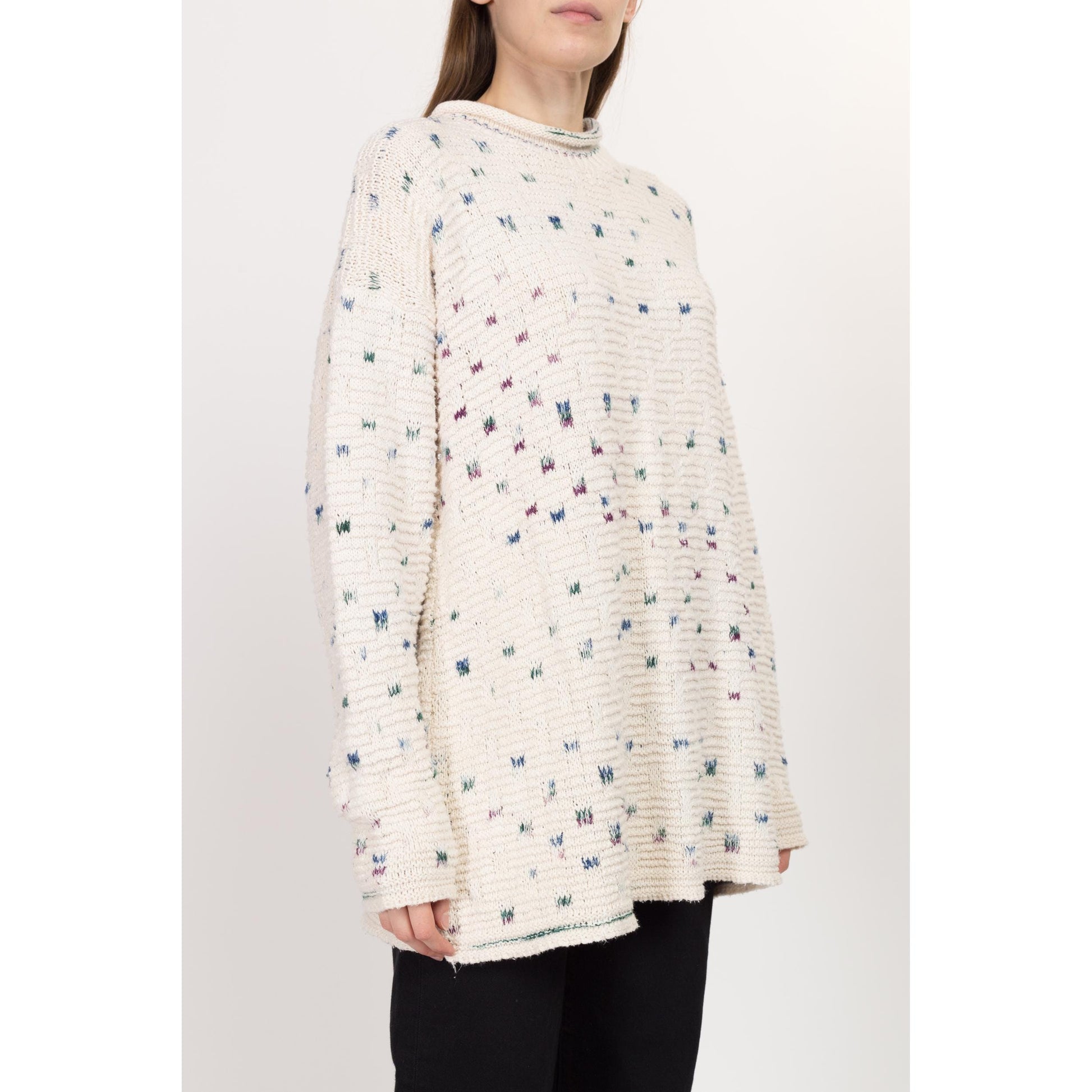 1X 90s Cotton Flecked Knit Long Roll Neck Sweater | Vintage White Oversize Pullover Jumper