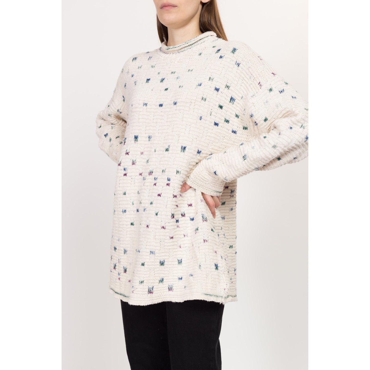 1X 90s Cotton Flecked Knit Long Roll Neck Sweater | Vintage White Oversize Pullover Jumper