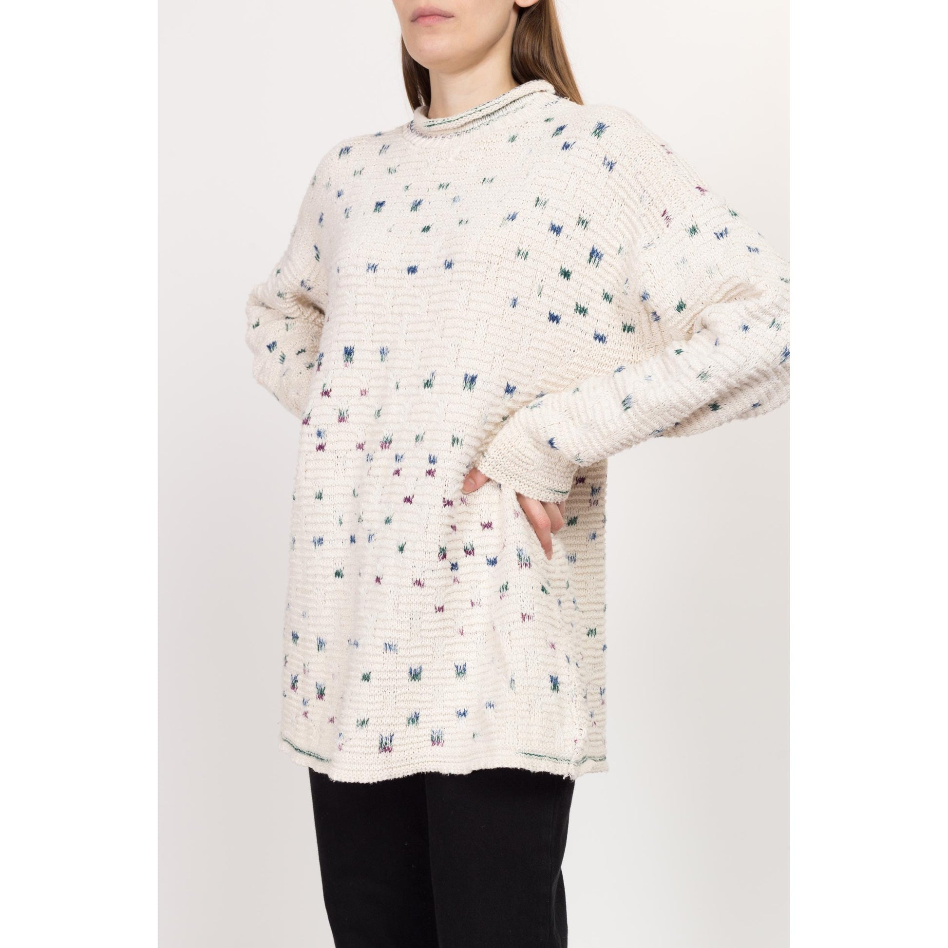 1X 90s Cotton Flecked Knit Long Roll Neck Sweater | Vintage White Oversize Pullover Jumper