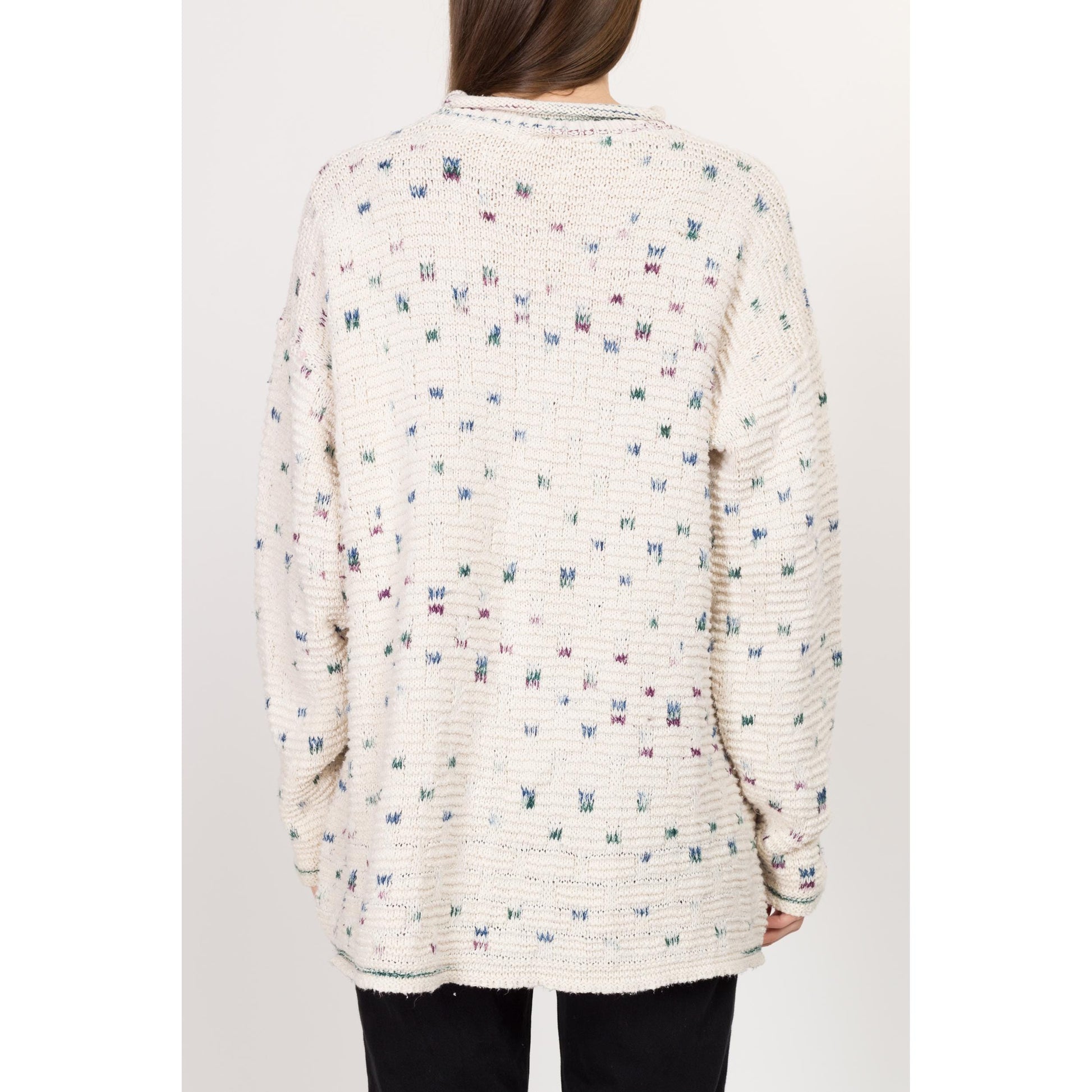1X 90s Cotton Flecked Knit Long Roll Neck Sweater | Vintage White Oversize Pullover Jumper