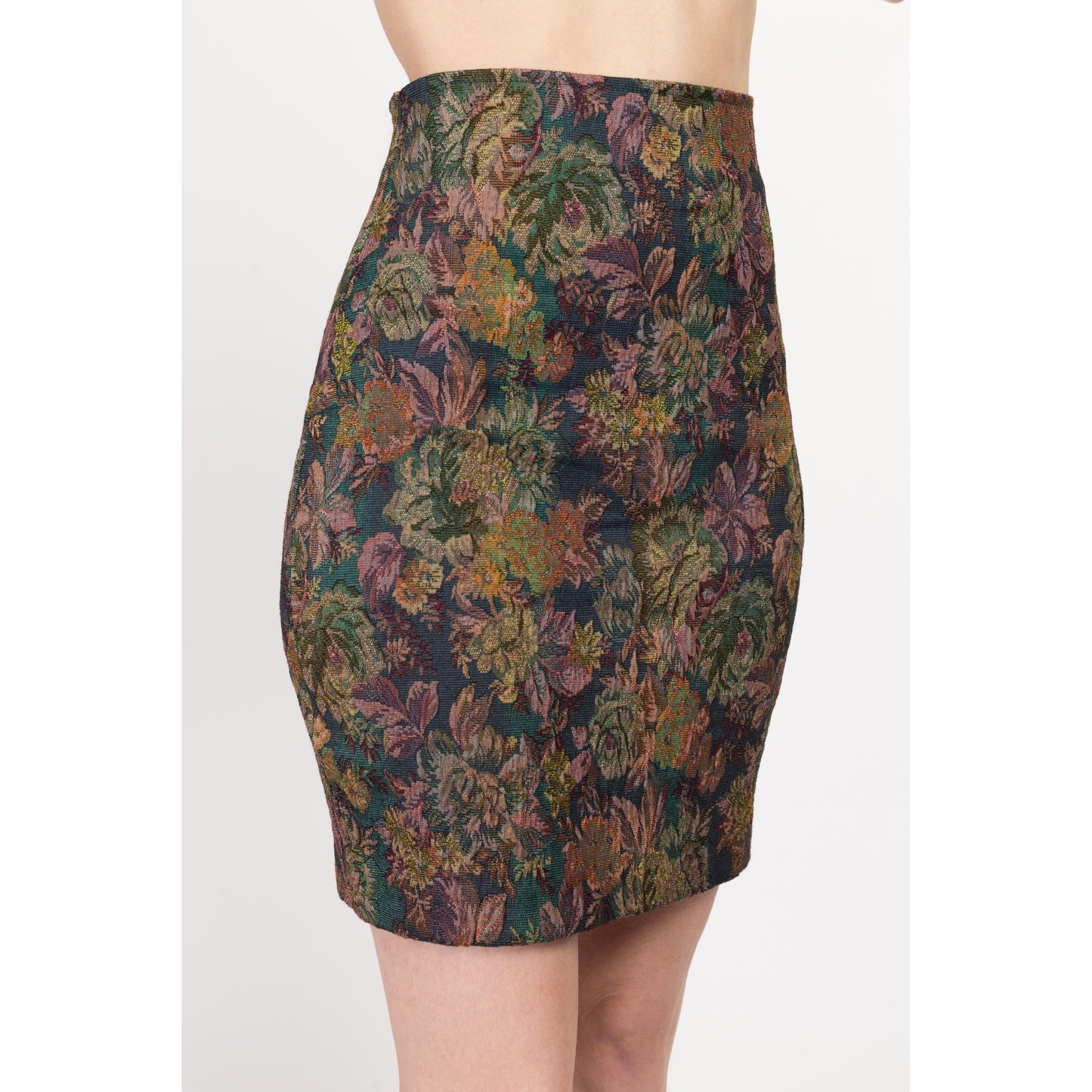 Sm-Med 90s Floral Tapestry Mini Pencil Skirt | Vintage Express High Waisted Stretchy Fitted Miniskirt