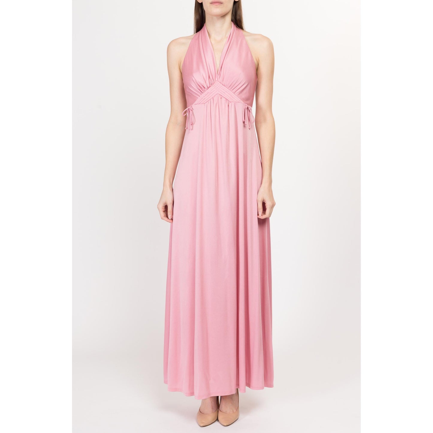 XS 70s Pink Grecian Maxi Gown | Vintage Sleeveless Halter Racerback Long Boho Party Dress