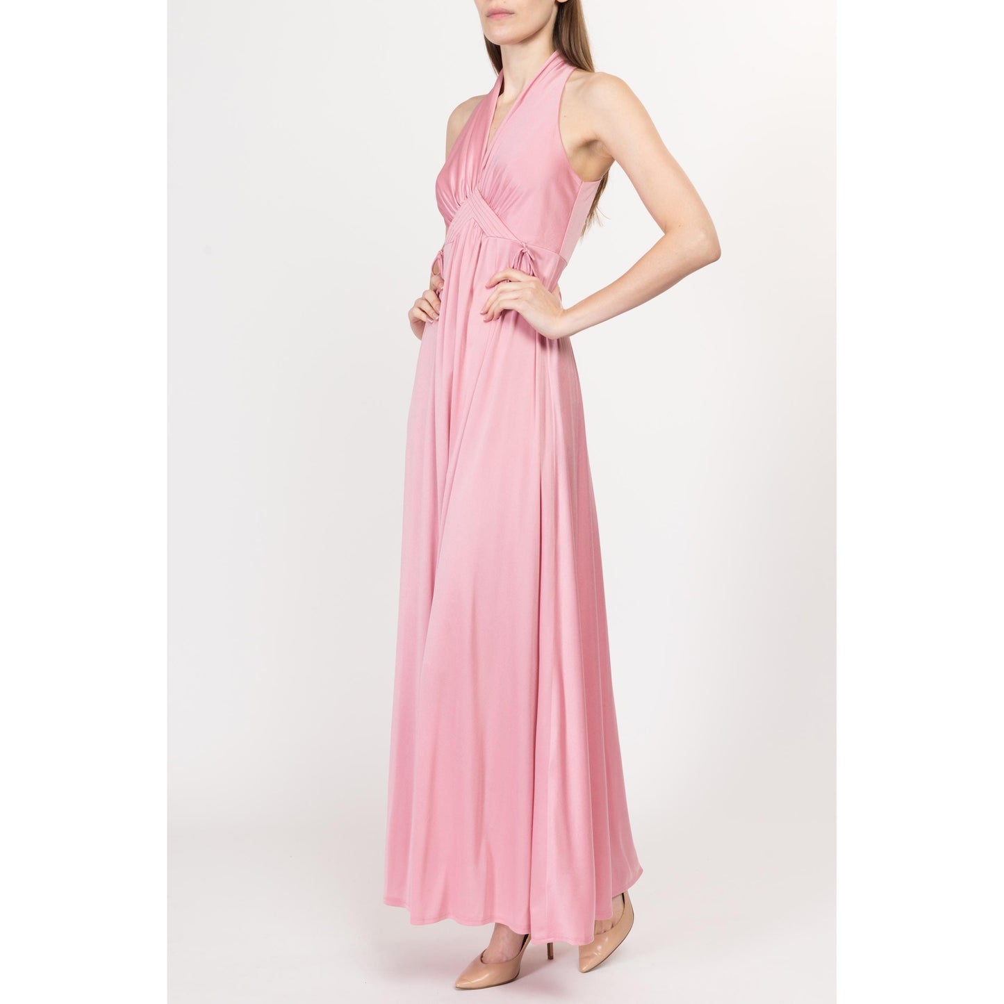 XS 70s Pink Grecian Maxi Gown | Vintage Sleeveless Halter Racerback Long Boho Party Dress