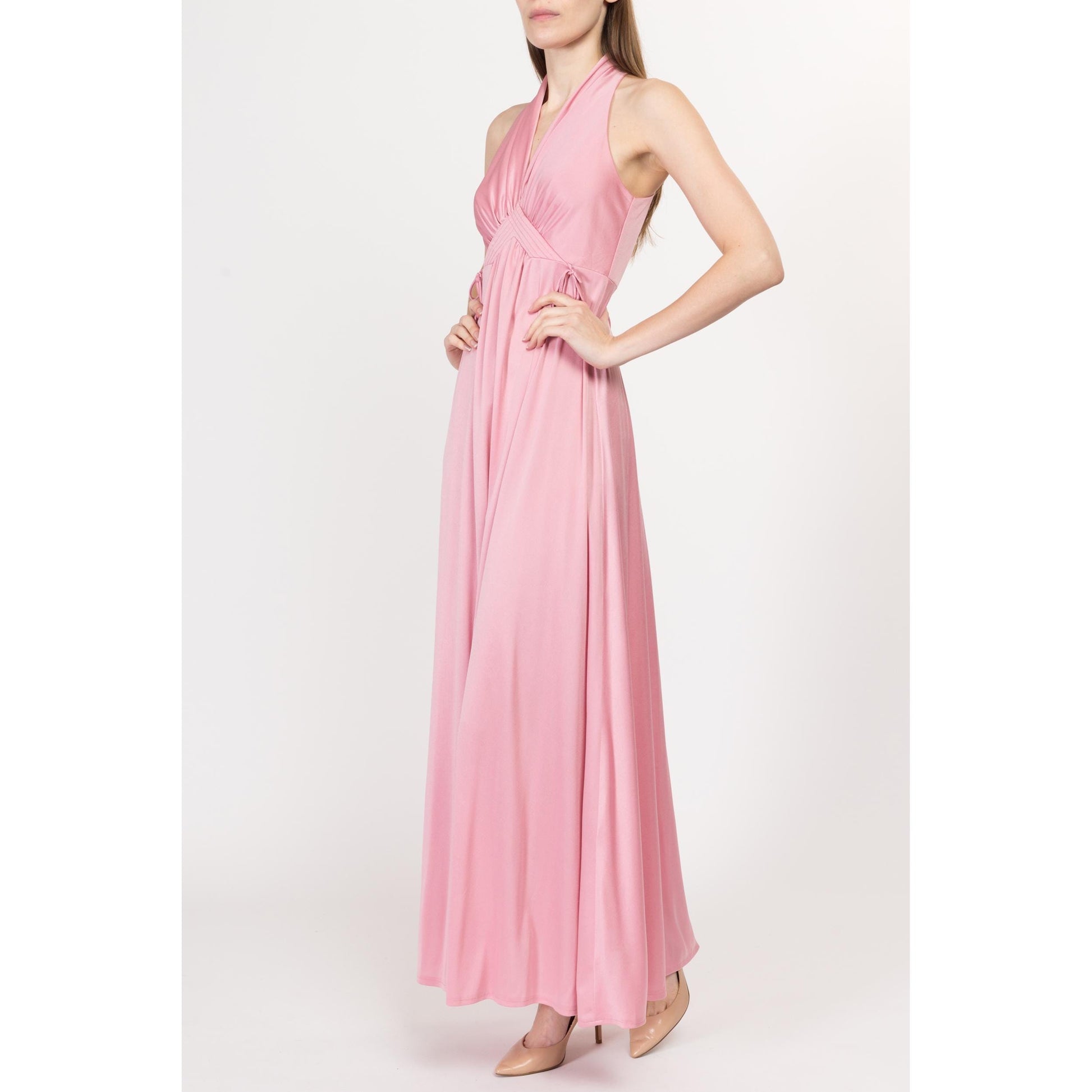 XS 70s Pink Grecian Maxi Gown | Vintage Sleeveless Halter Racerback Long Boho Party Dress