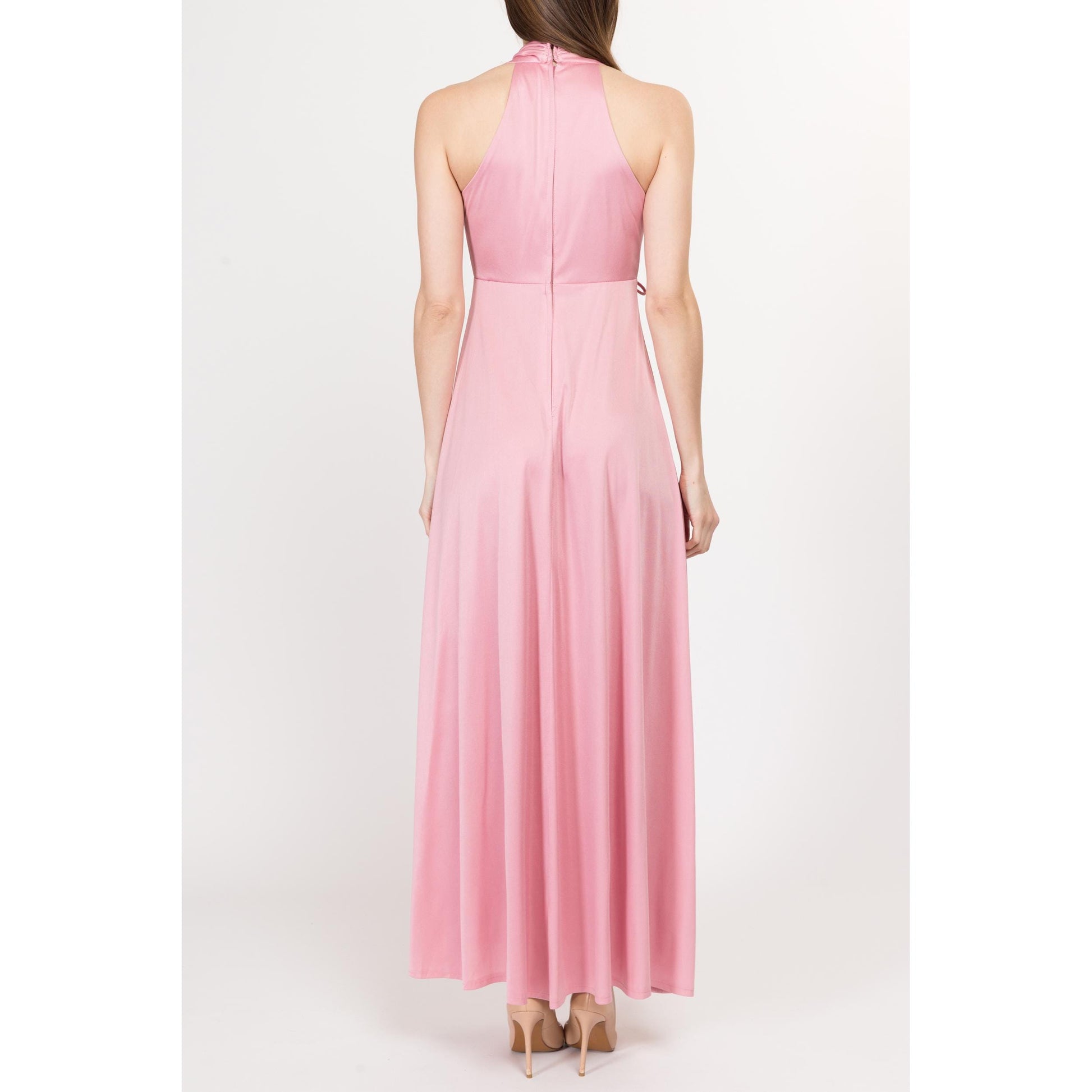 XS 70s Pink Grecian Maxi Gown | Vintage Sleeveless Halter Racerback Long Boho Party Dress