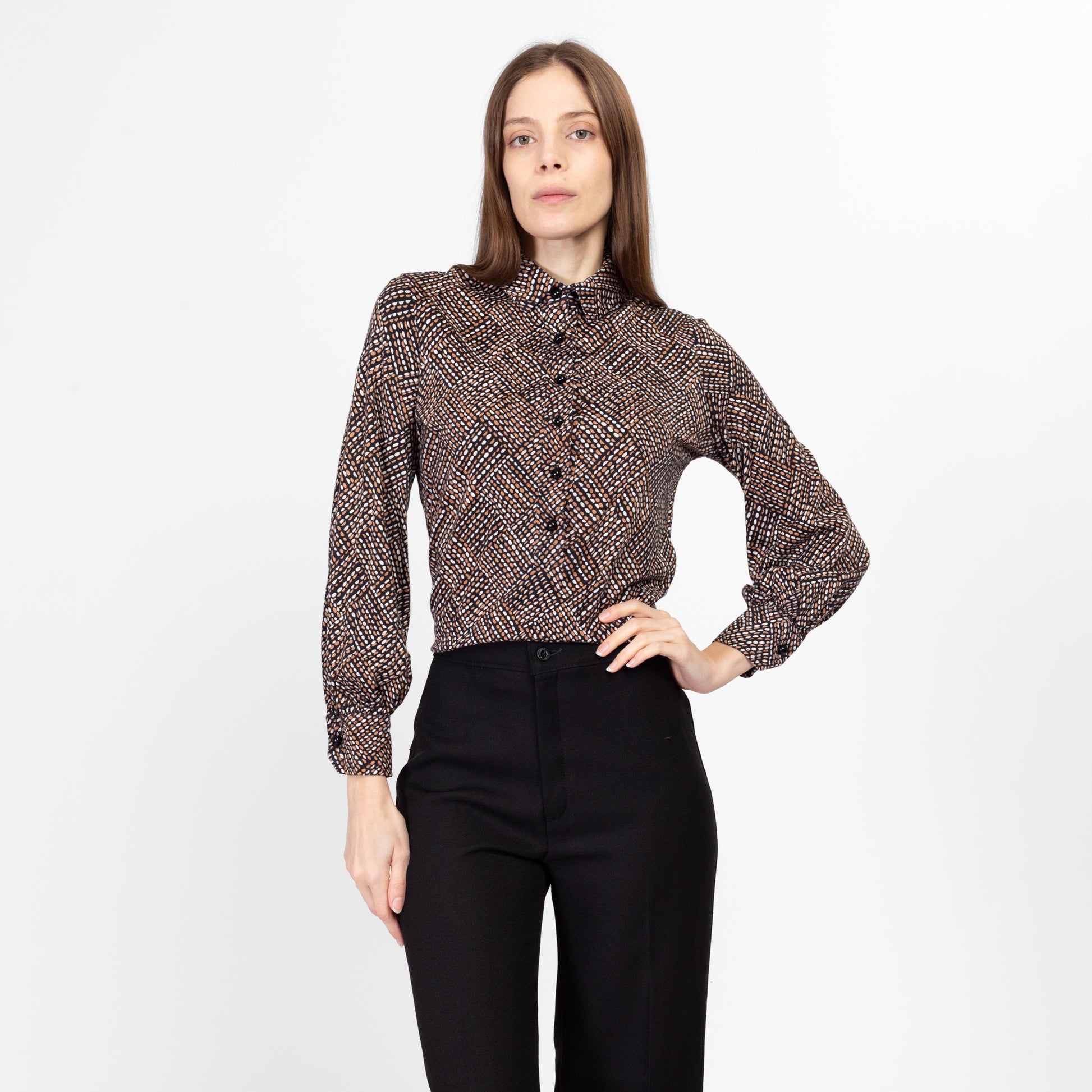 Small 70s Mod Op Art Print Collared Shirt | Vintage Abstract Button Up Long Sleeve Jersey Knit Top