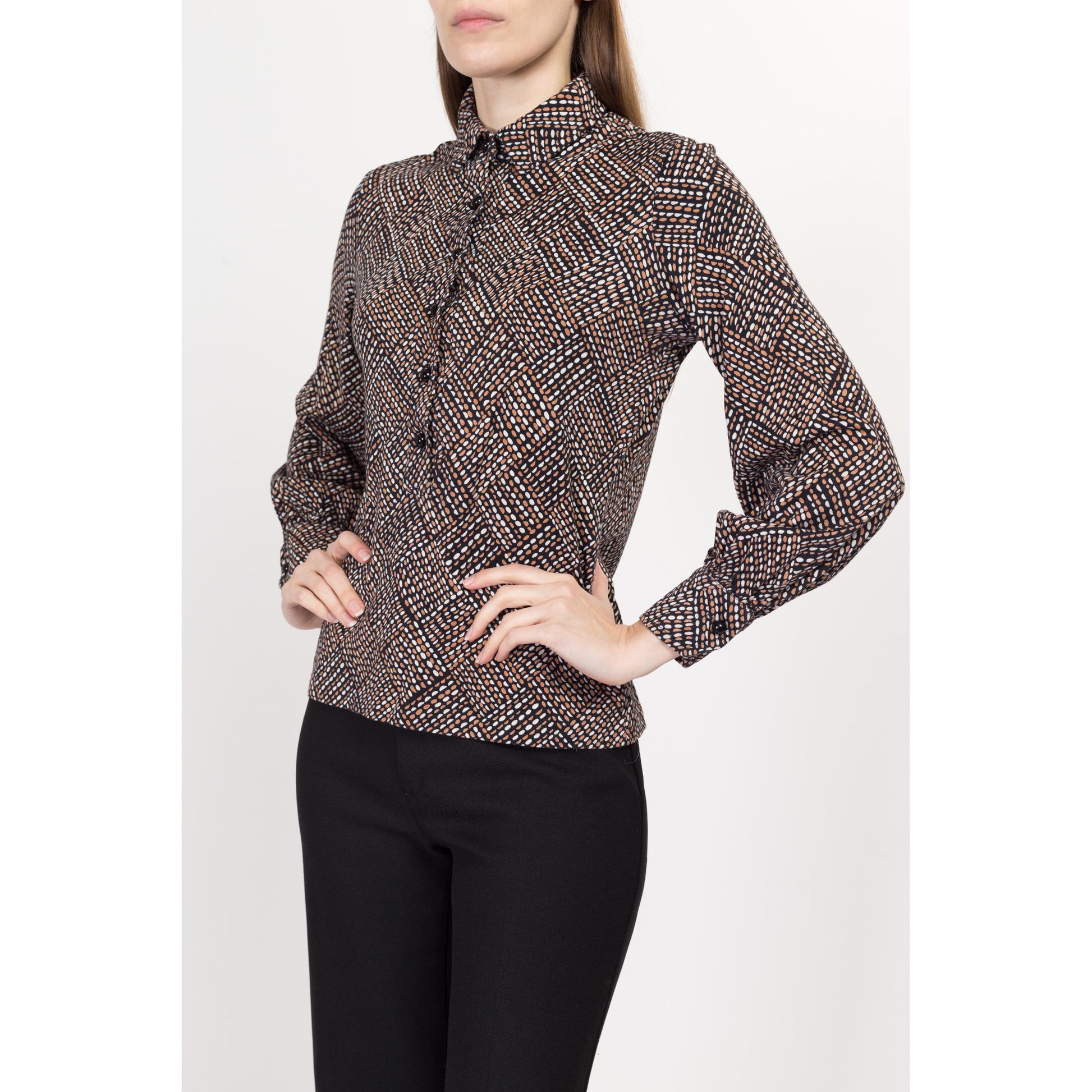 Small 70s Mod Op Art Print Collared Shirt | Vintage Abstract Button Up Long Sleeve Jersey Knit Top