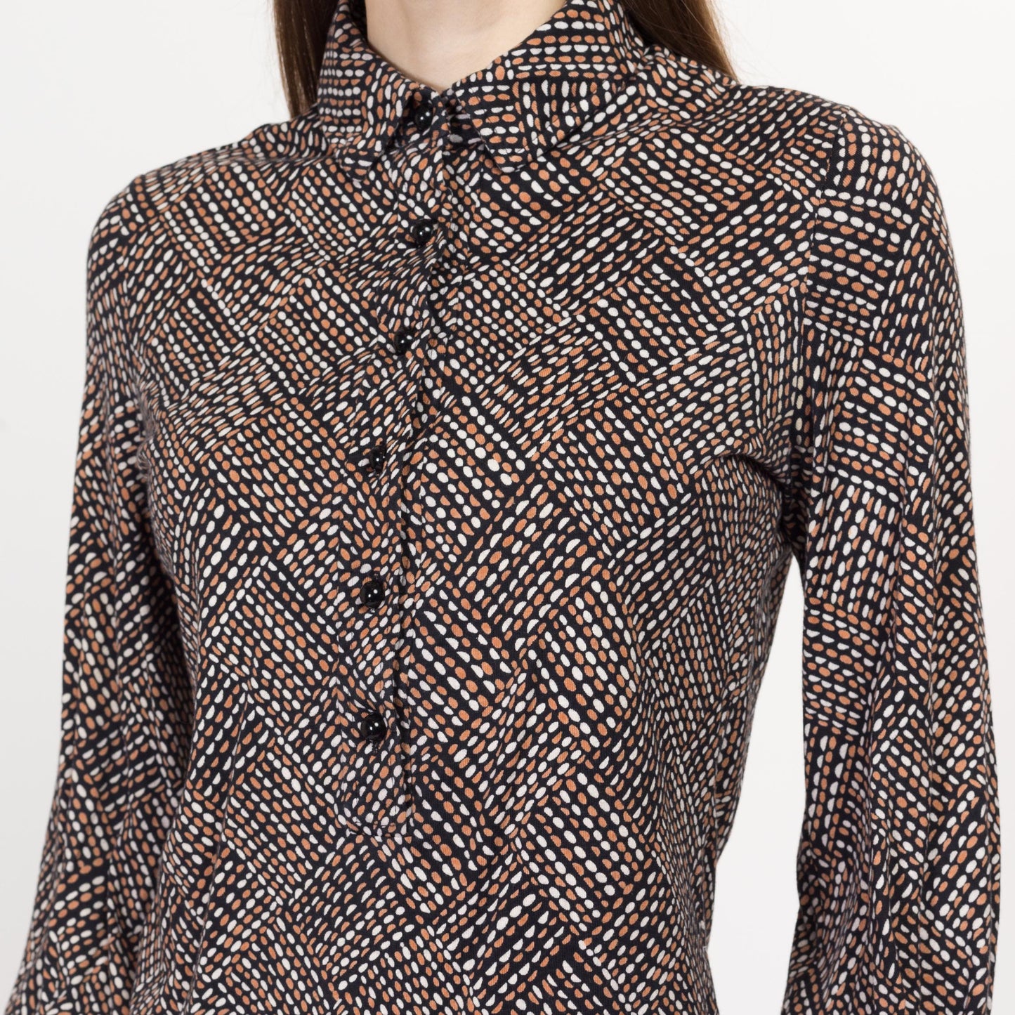 Small 70s Mod Op Art Print Collared Shirt | Vintage Abstract Button Up Long Sleeve Jersey Knit Top