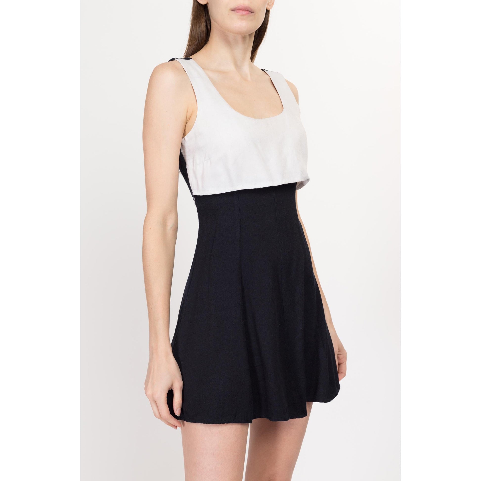 XS-Sm 90s Black & White Corset Back Mini Dress | Vintage Fit Flare Sleeveless Skater Dress
