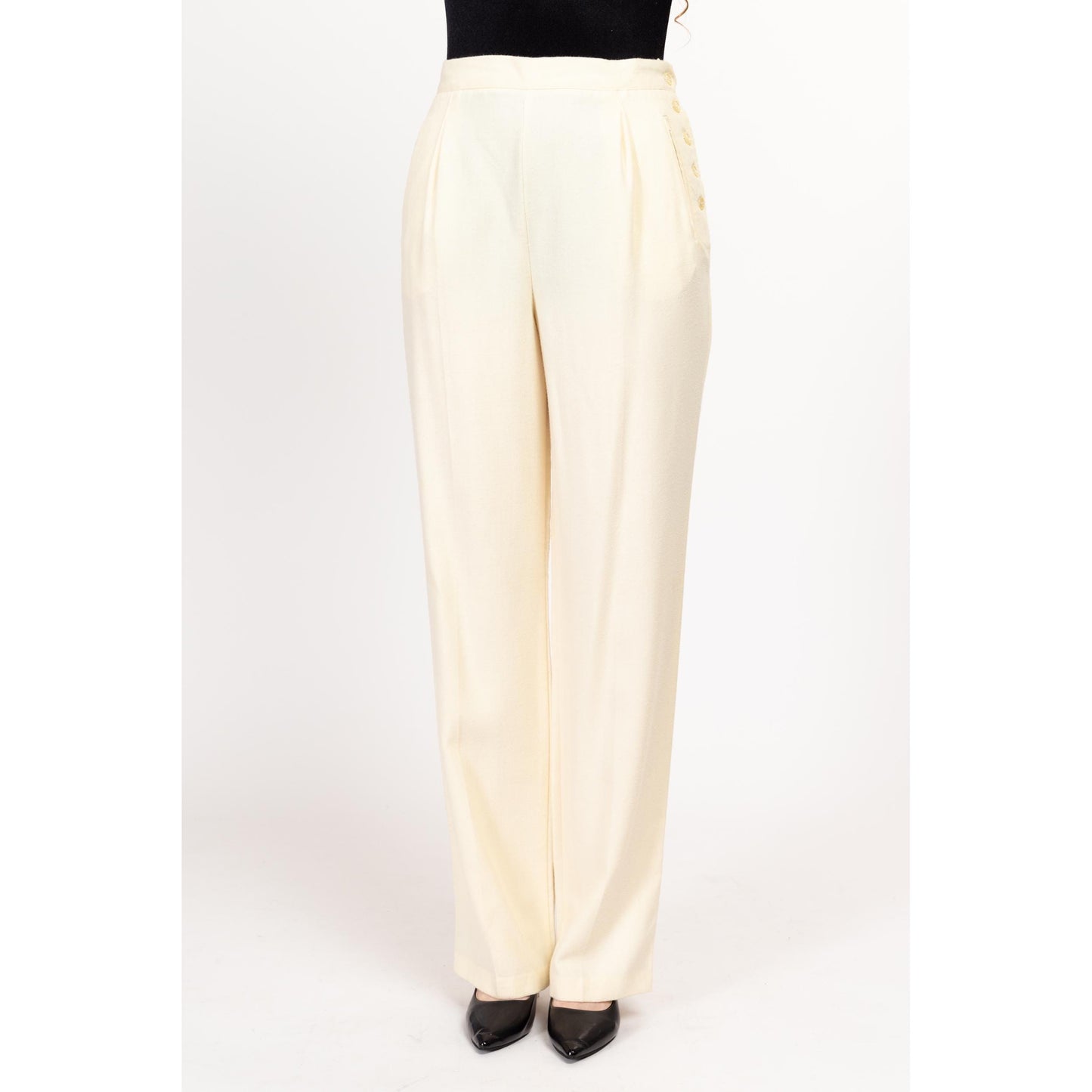 Medium 80s The Limited Cream Felt High Waisted Trousers 28" | Vintage Tapered Leg Side Button Pleated Pants