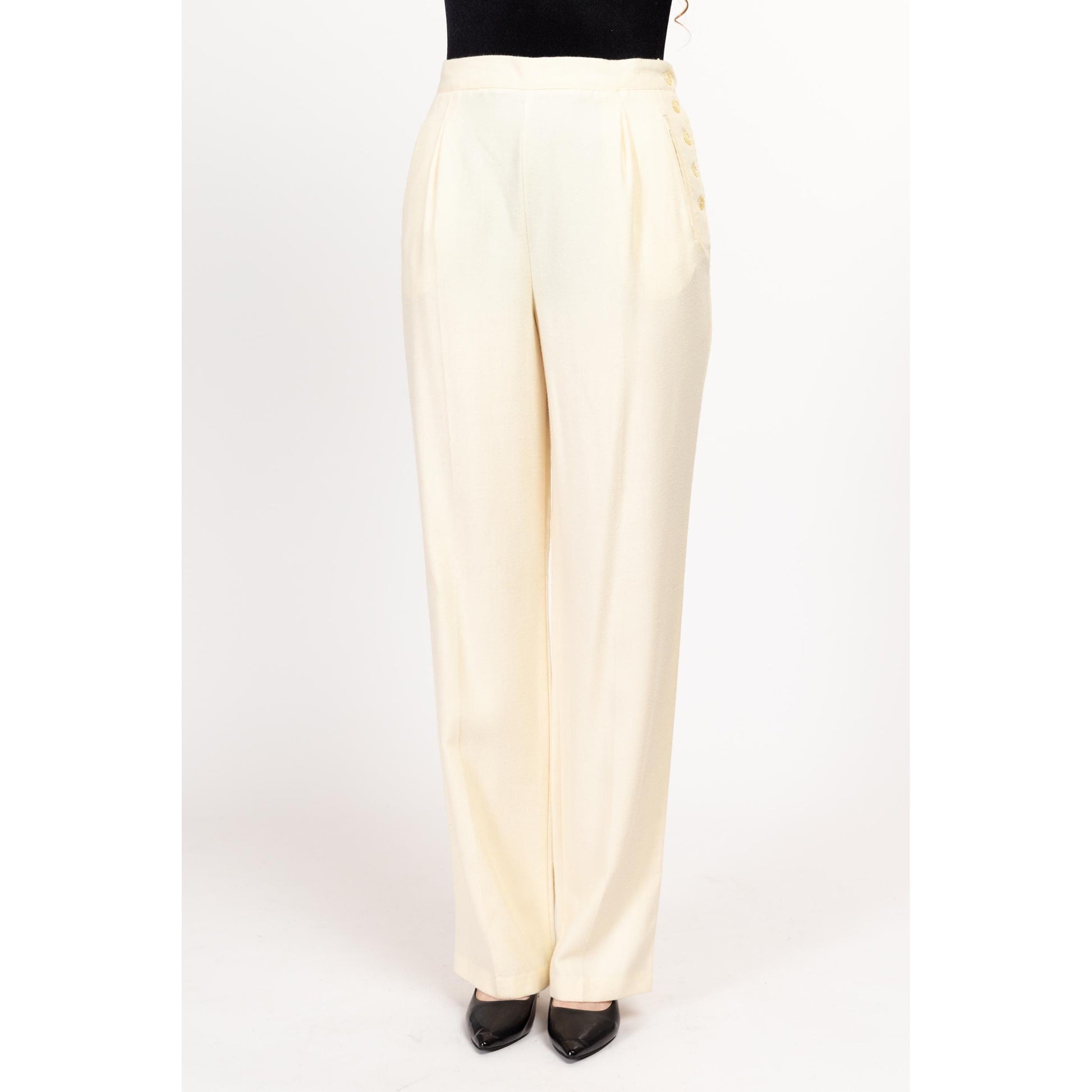 Medium 80s The Limited Cream Felt High Waisted Trousers 28" | Vintage Tapered Leg Side Button Pleated Pants
