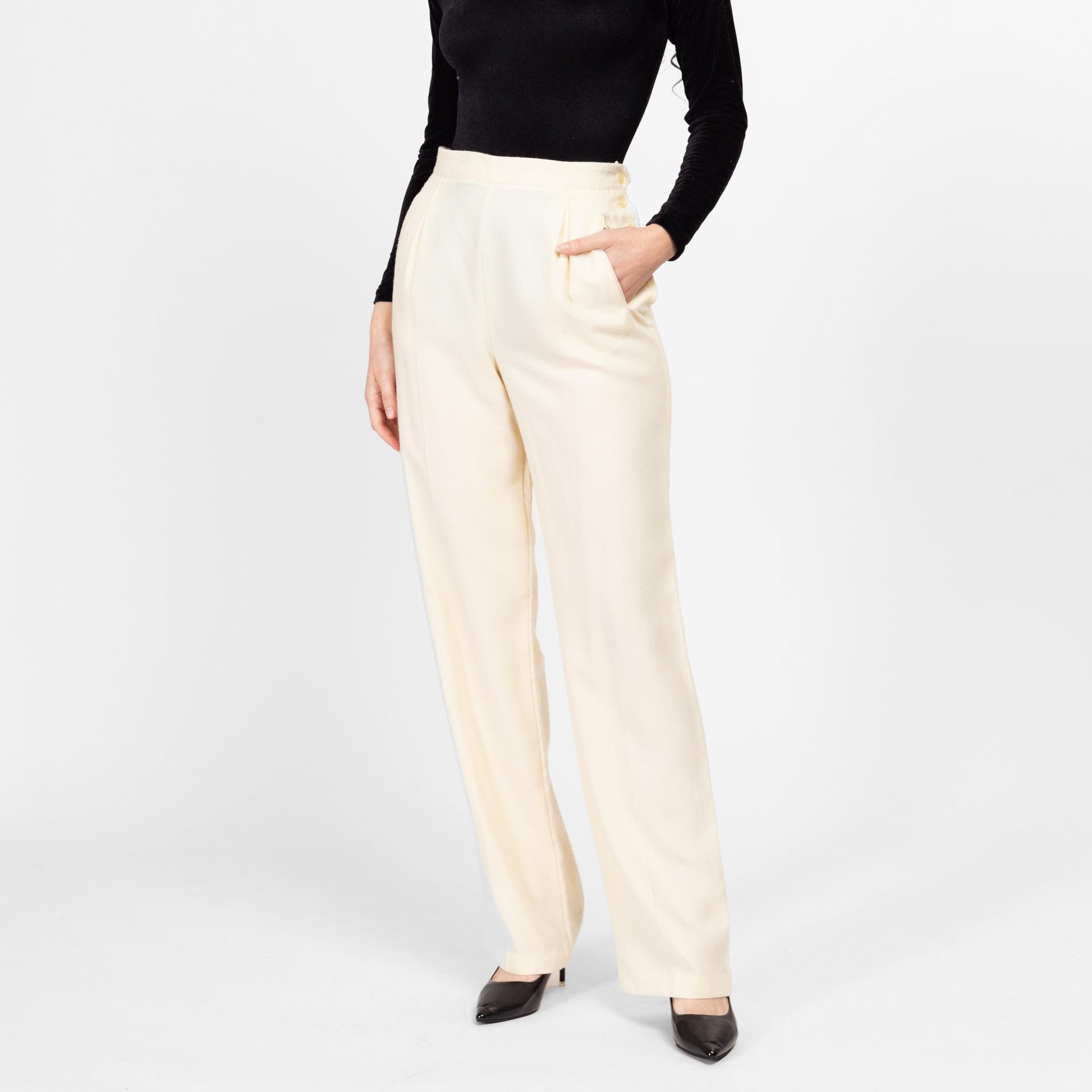 Medium 80s The Limited Cream Felt High Waisted Trousers 28" | Vintage Tapered Leg Side Button Pleated Pants