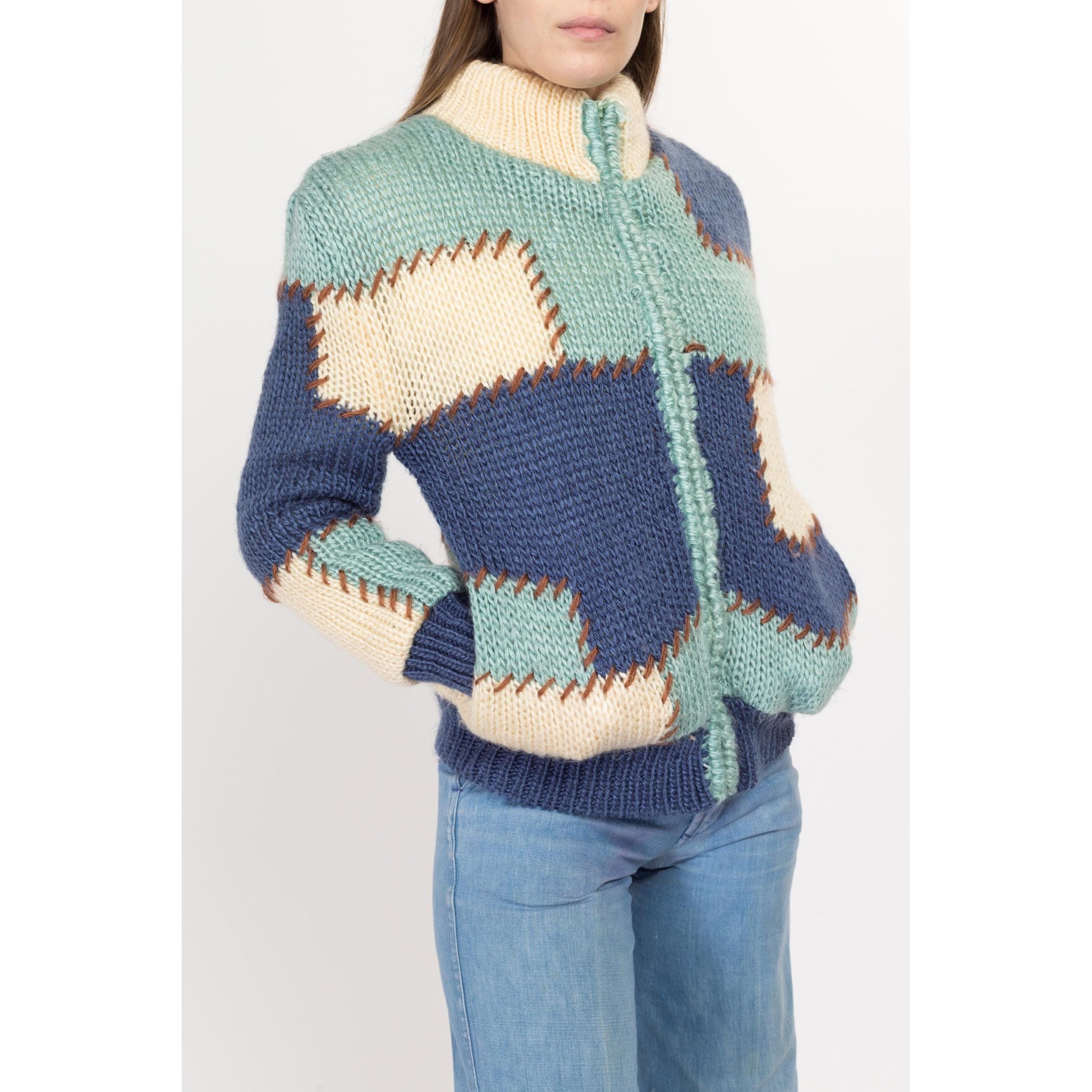 Sm-Med 80s Color Block Patchwork Knit Cardigan Jacket | Vintage Shearling Lined Blue White Chunky Zip Up Sweater