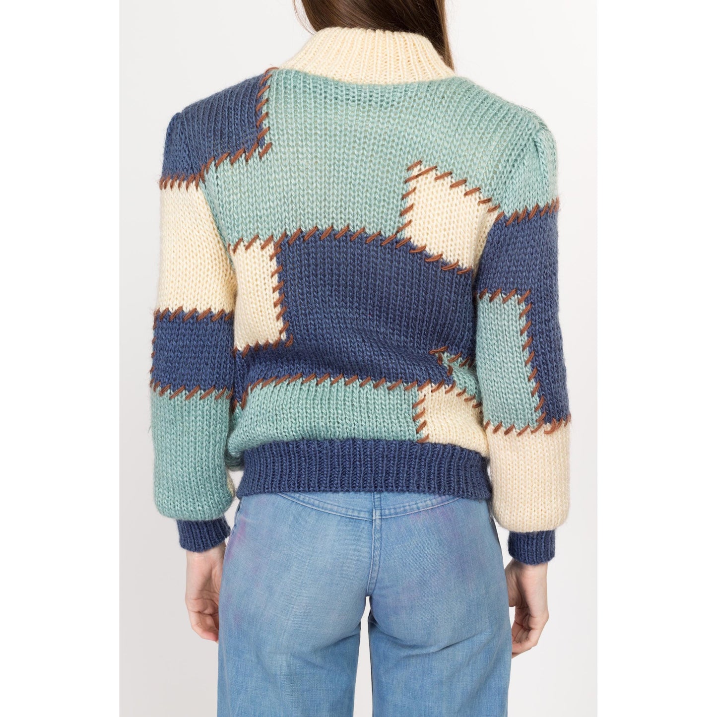 Sm-Med 80s Color Block Patchwork Knit Cardigan Jacket | Vintage Shearling Lined Blue White Chunky Zip Up Sweater