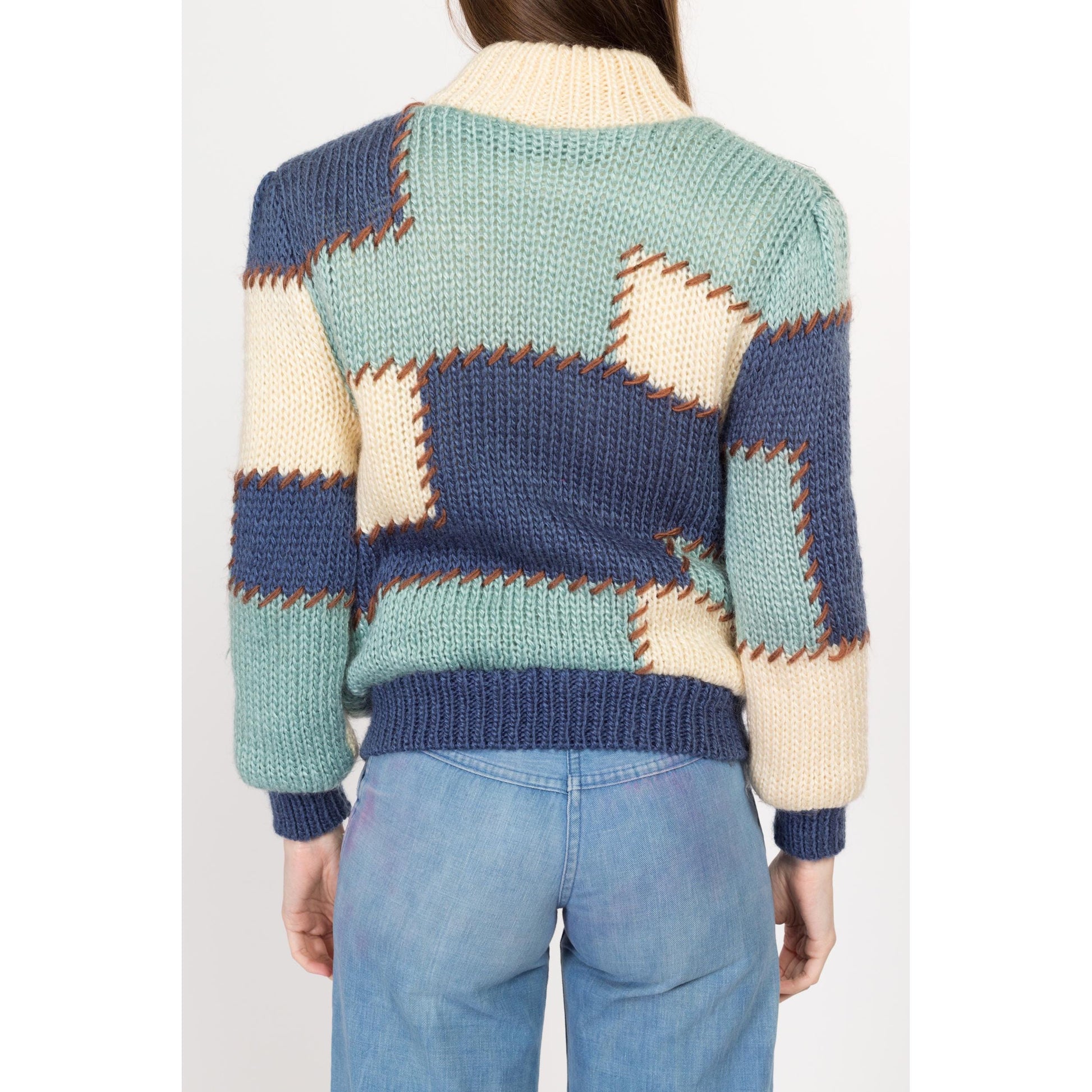 Sm-Med 80s Color Block Patchwork Knit Cardigan Jacket | Vintage Shearling Lined Blue White Chunky Zip Up Sweater