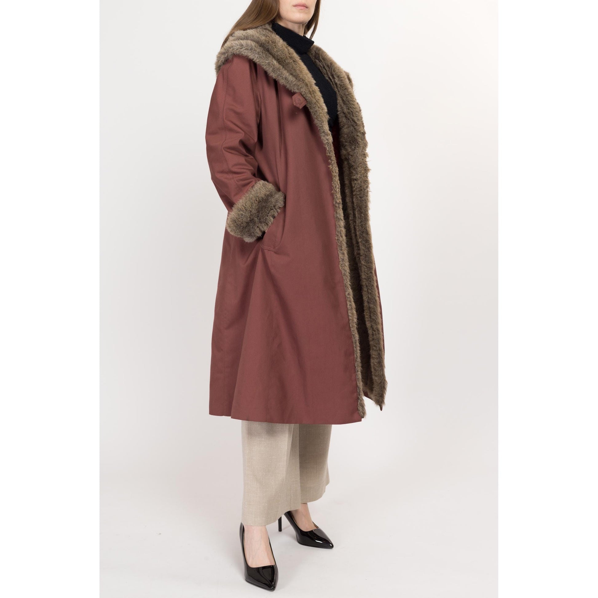 Medium 70s Mauve Hooded Faux Fur Trim Coat | Retro Vintage Penny Lane Long Maxi Winter Jacket